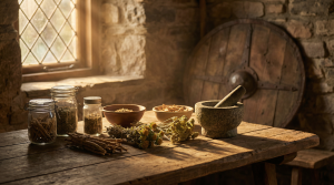 Adaptogenic herbs and roots on a rustic wooden table with mortar and pestle, warm golden light, Norse-inspired setting representing immune sovereignty and ancient herbal wisdom