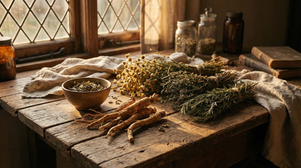 Golden Rhodiola rosea roots and dried herbs on a wooden table in warm golden light