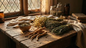 Golden Rhodiola rosea roots and dried herbs on a wooden table in warm golden light