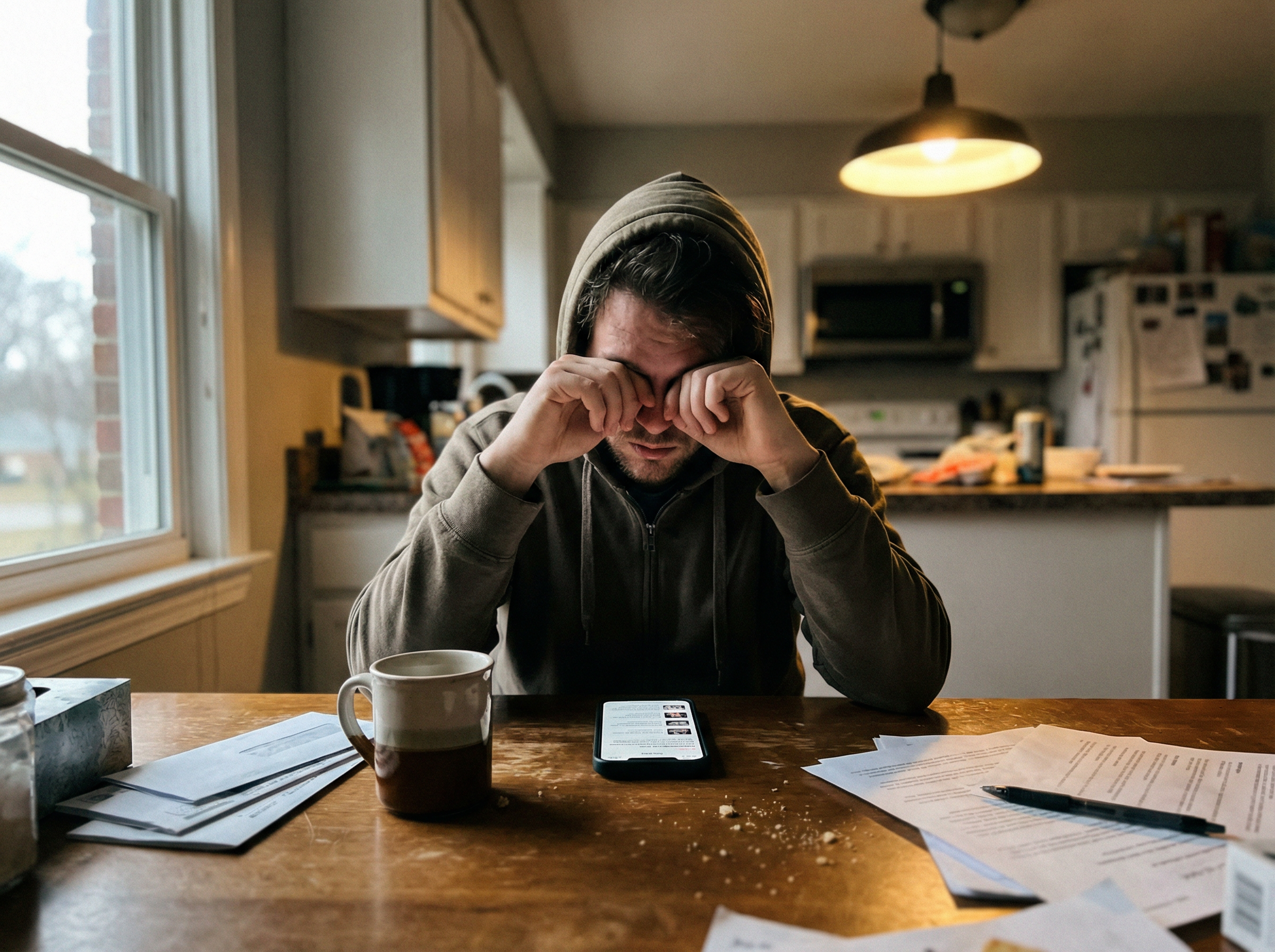 Person sitting at kitchen table at dawn, exhausted, looking at phone news with coffee mug nearby