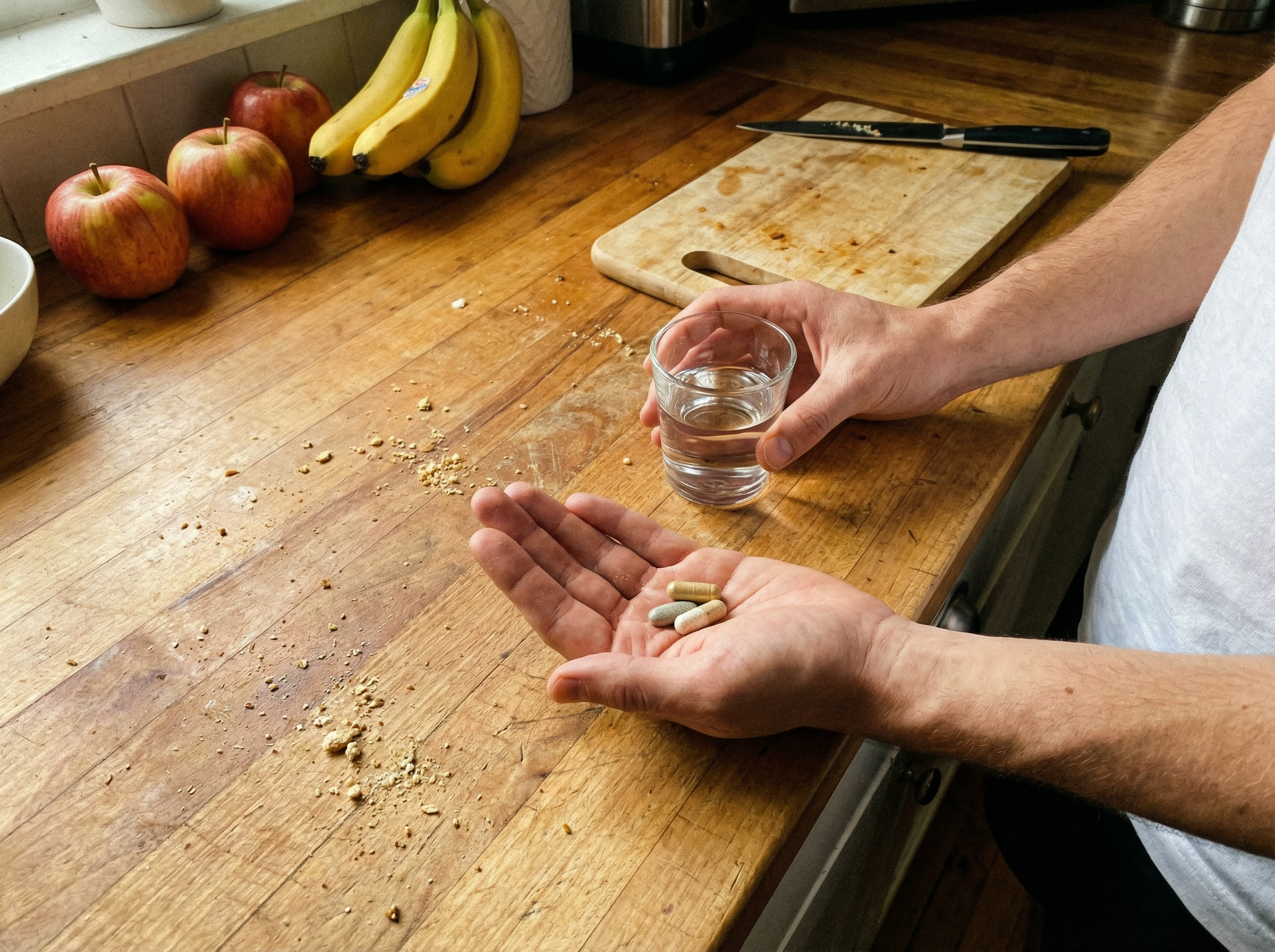 Hands holding herbal supplement capsules with a glass of water on a wooden kitchen counter