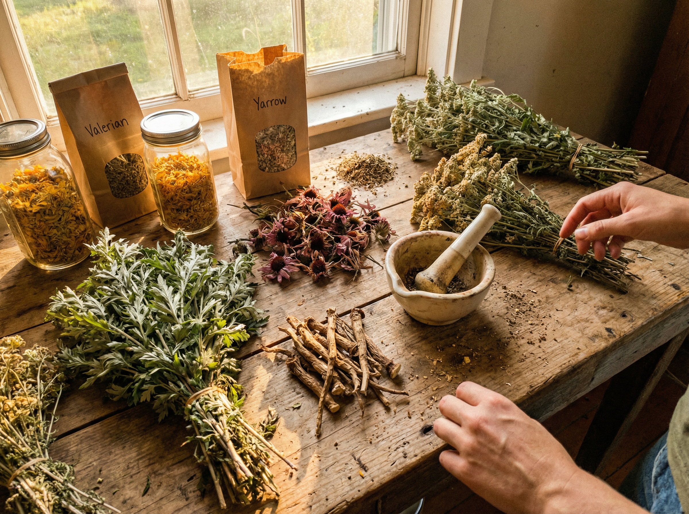 Dried herbs, roots, and a mortar and pestle on a rough wooden table in warm afternoon light