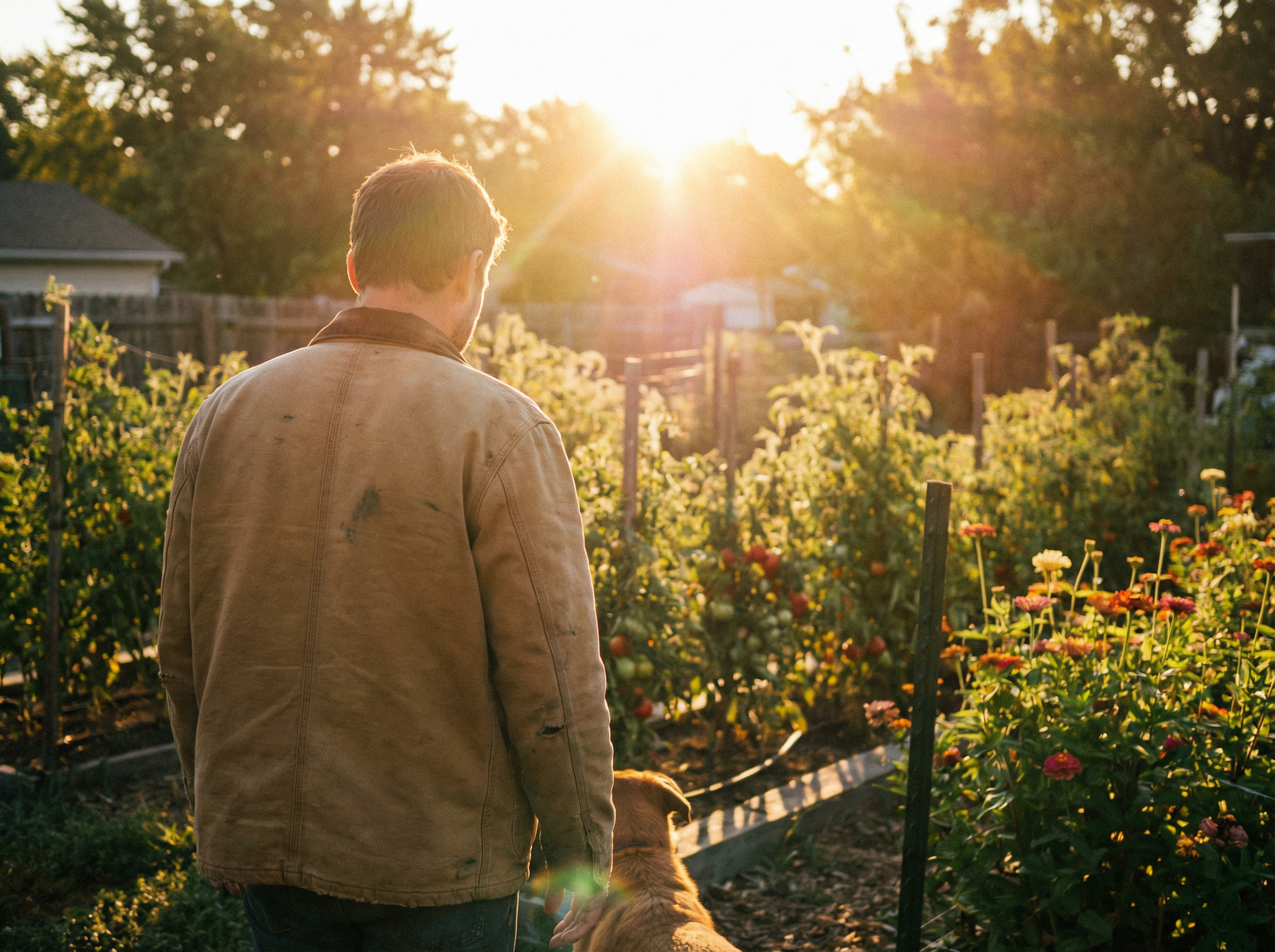 Person standing in a backyard garden at sunrise, facing away, looking at rows of plants in golden morning light
