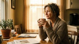 Woman in her late 40s sitting at kitchen table with herbal tea, morning light — natural, unposed