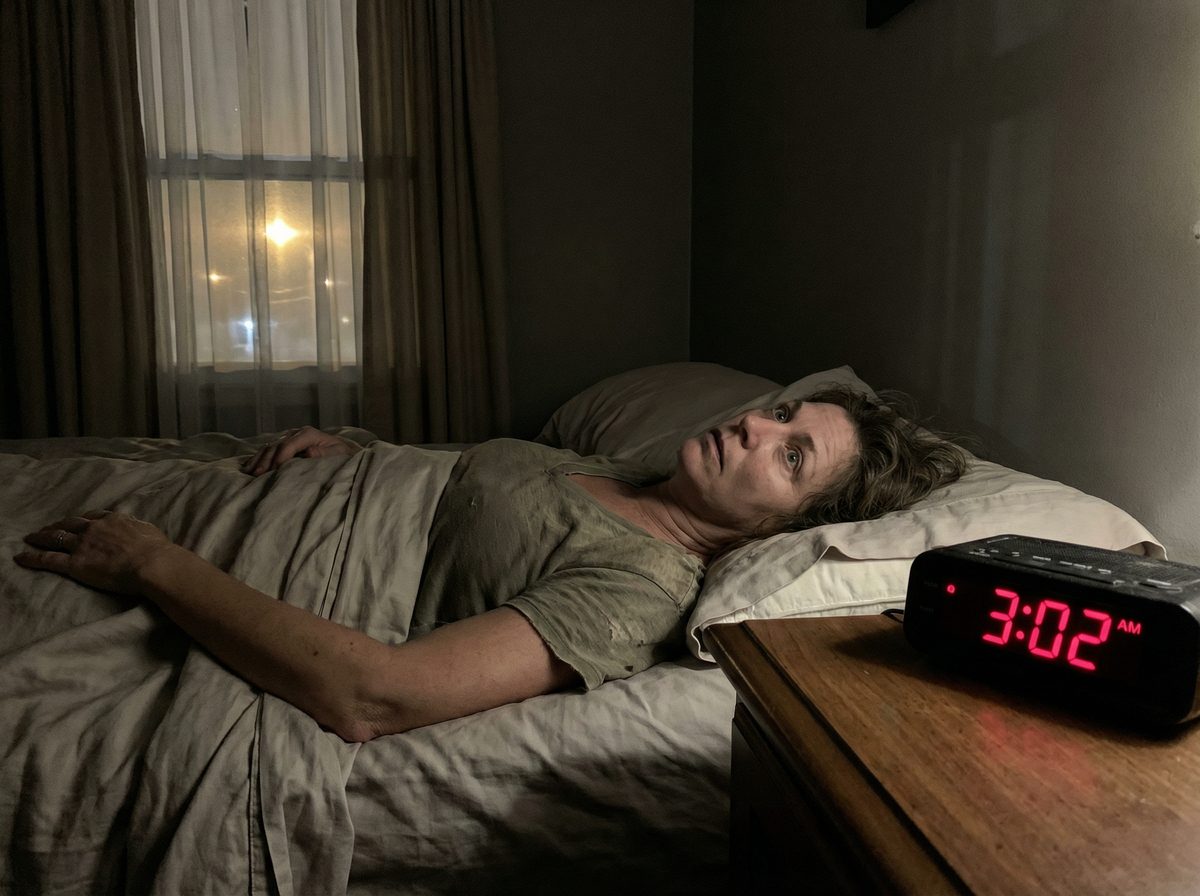 Woman in her 40s lying awake at 3:02am — the reality of chronic sleep deprivation