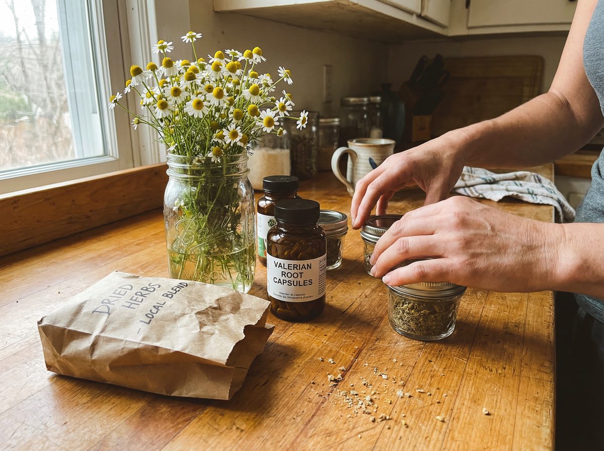 Woman's hands arranging chamomile, valerian root, and dried herbs on a kitchen counter