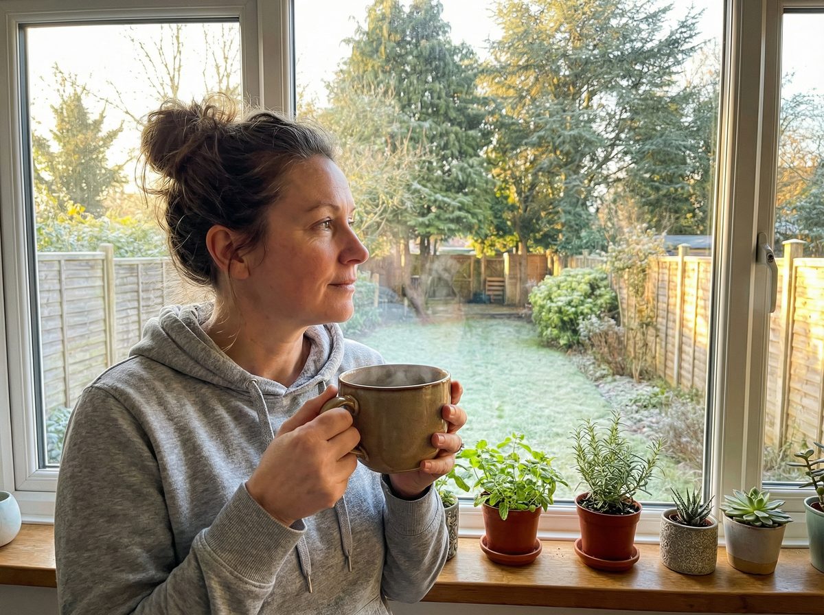Woman at kitchen window with herbal tea, morning light, looking calm and rested