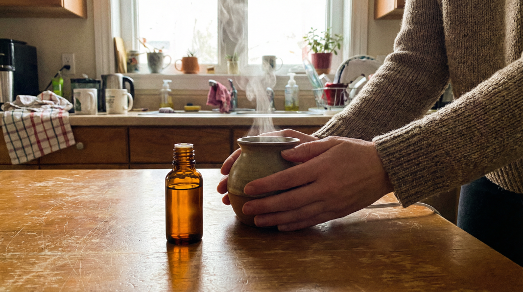 Person holding ceramic diffuser with essential oil on kitchen table — aromatic medicine for stress relief