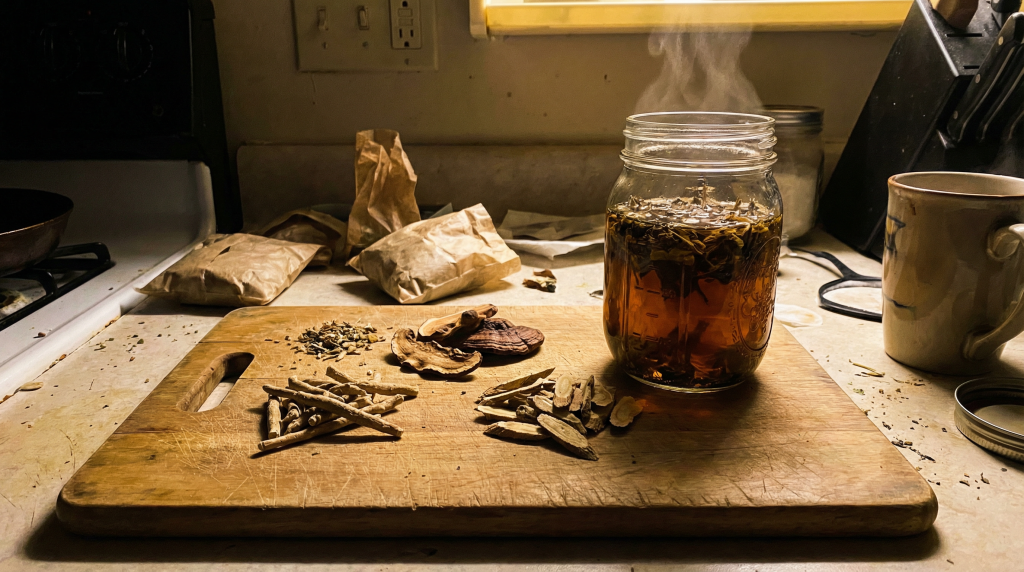 Dried herbs including ashwagandha root, reishi mushroom, and astragalus bark on a wooden cutting board with herbal tea steeping
