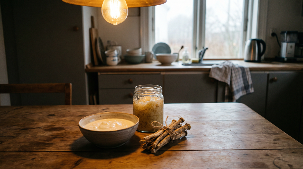 Bowl of skyr, jar of sauerkraut, and dried marshmallow root on a rustic kitchen table — gut health sovereignty