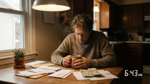 Person at kitchen table with bills and steaming mug, representing economic stress and financial exhaustion