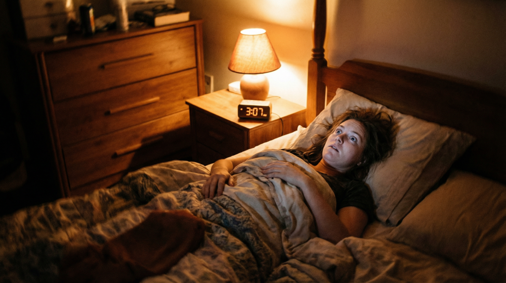 Person lying awake at 3am in a dimly lit bedroom, clock showing 3:07am, economic anxiety keeping them awake