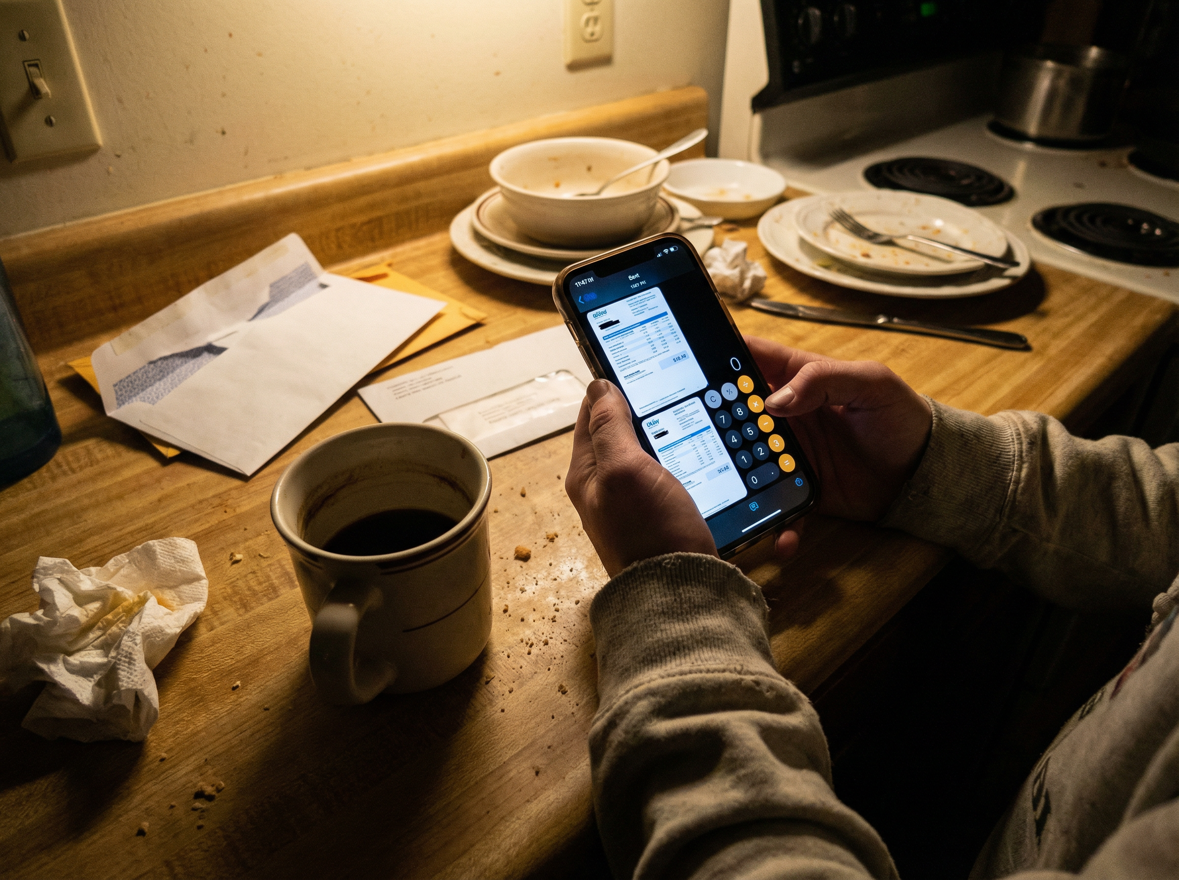 Person checking bills late at night on a messy kitchen counter, financial stress