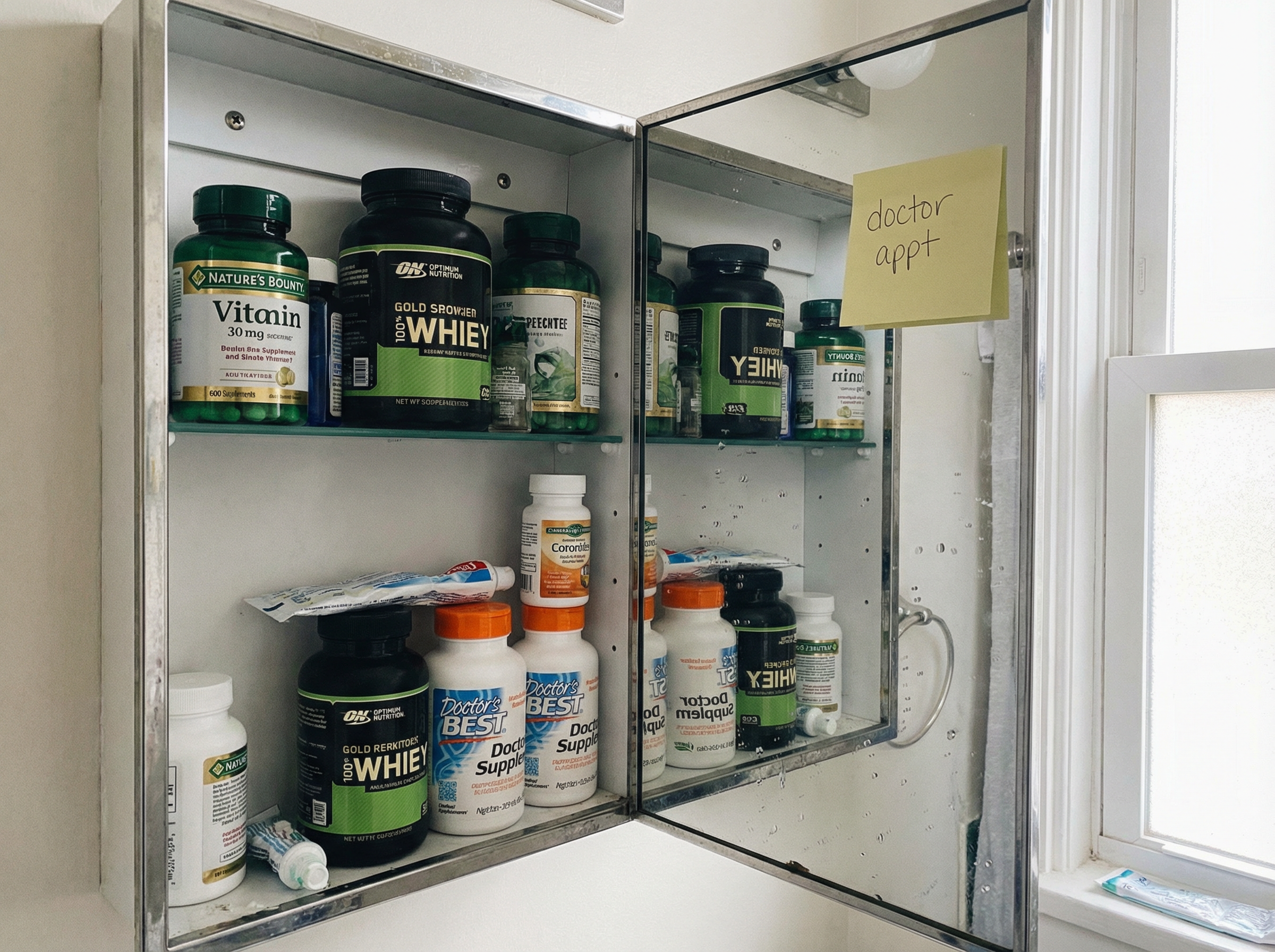 Open medicine cabinet with supplement bottles and a sticky note saying doctor appt