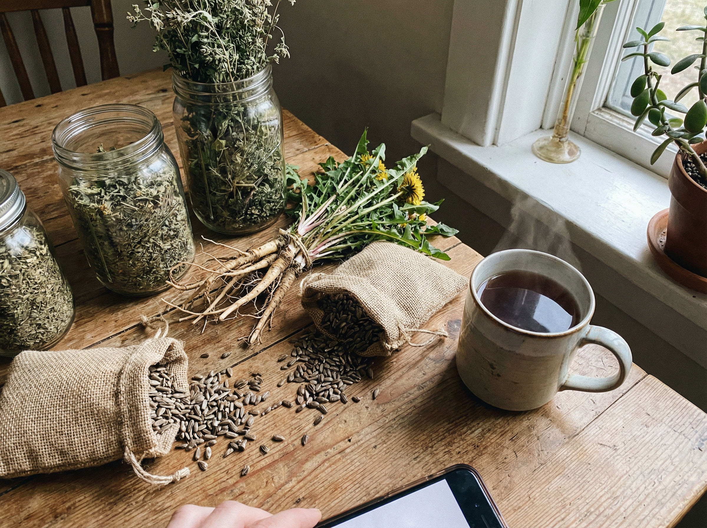 Rustic wooden table with dandelion roots, milk thistle seeds, dried herbs in mason jars, and a steaming mug of tea
