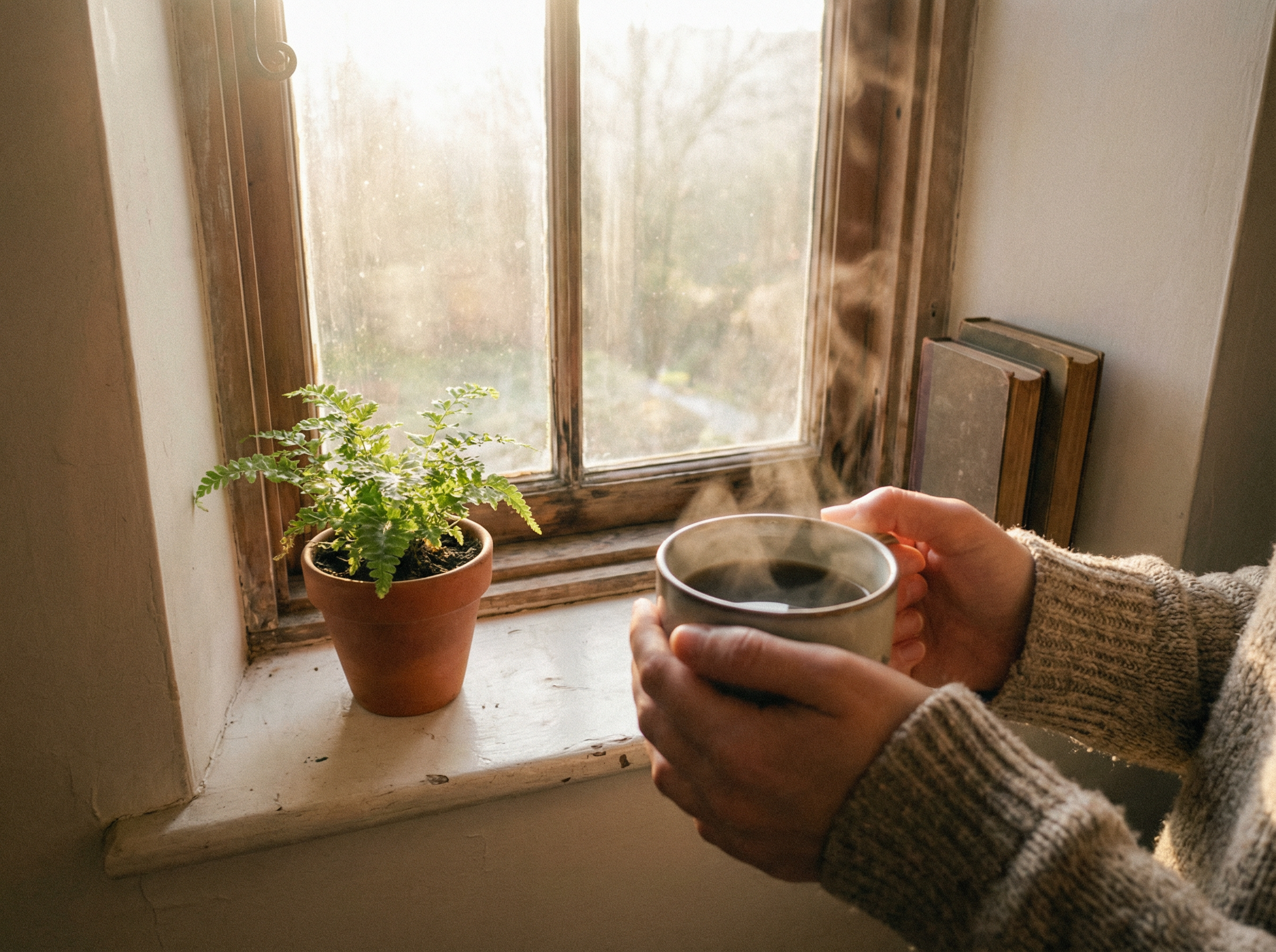 Hands holding a warm steaming mug of herbal tea by a morning window with a small potted plant