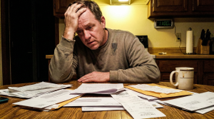 Man stressed over bills at kitchen table at night