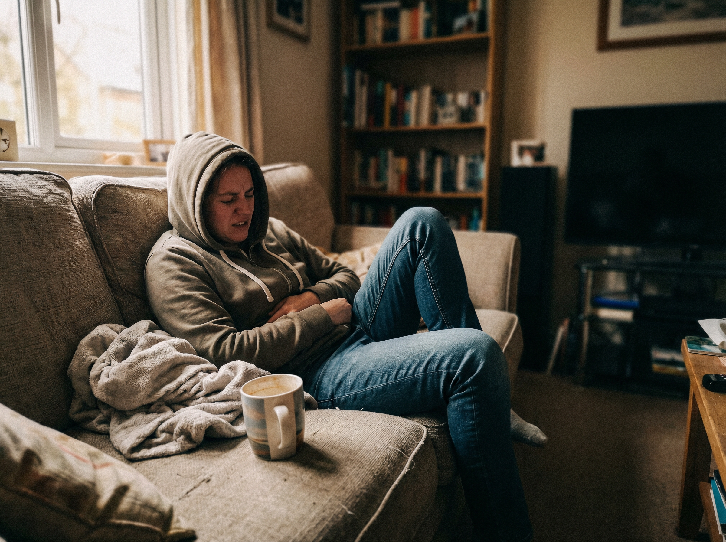 Person experiencing digestive discomfort from economic stress