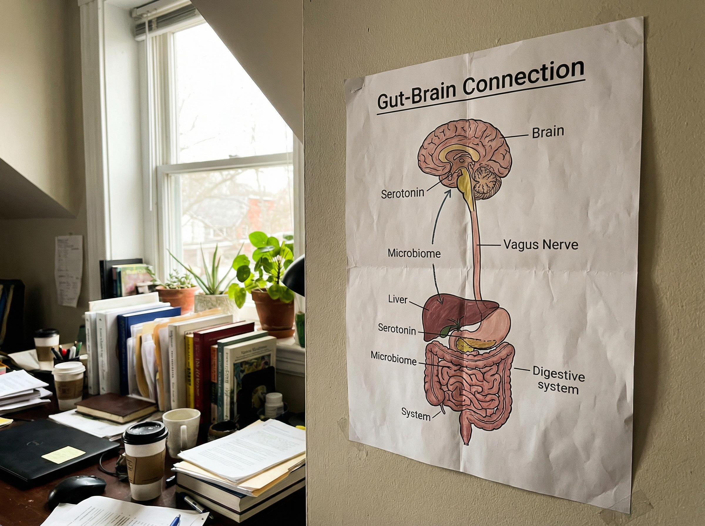 Gut-brain connection diagram showing the vagus nerve and digestive system