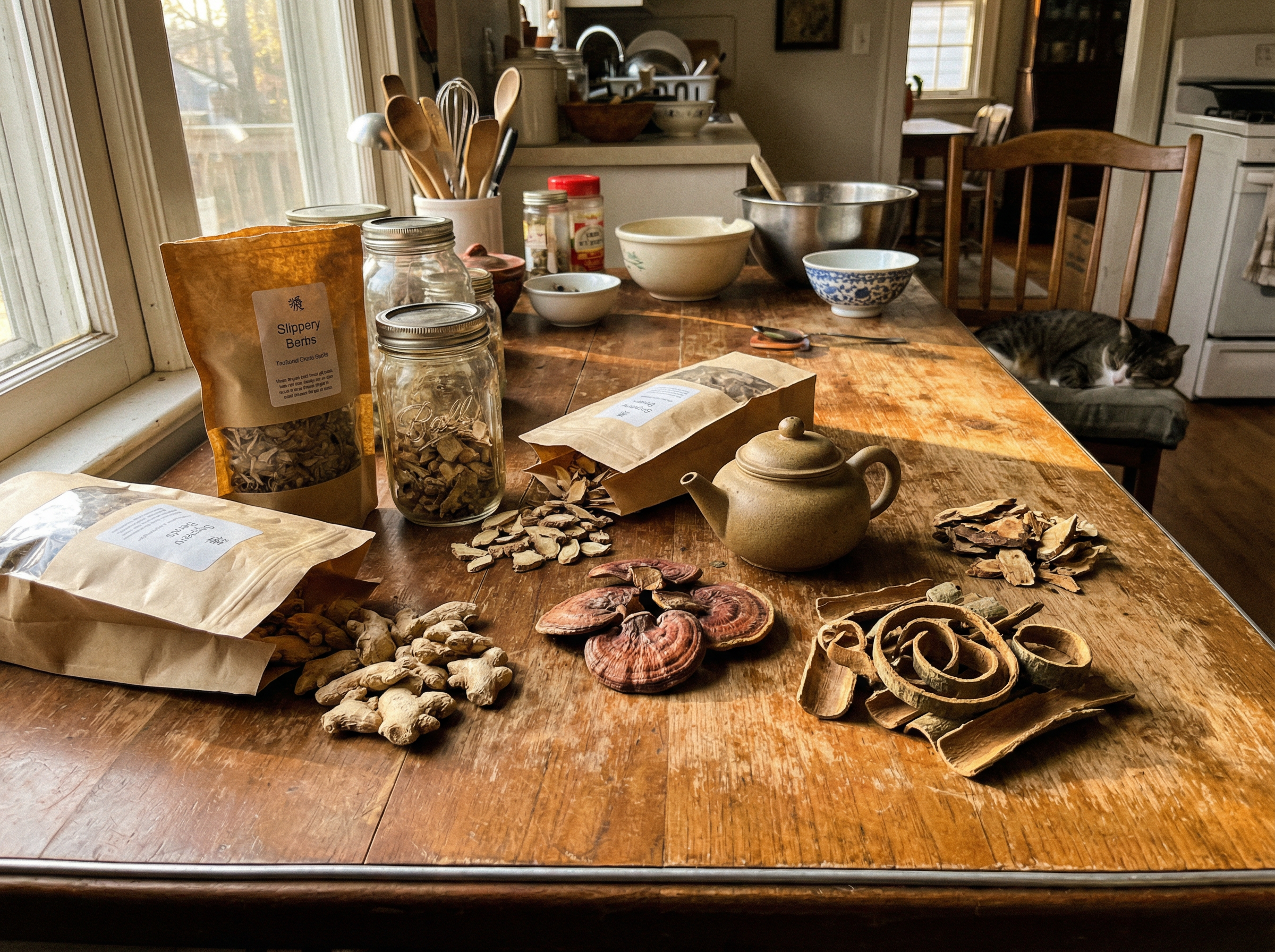 Traditional Chinese herbs including ginger, reishi mushroom, and slippery elm bark on a wooden table