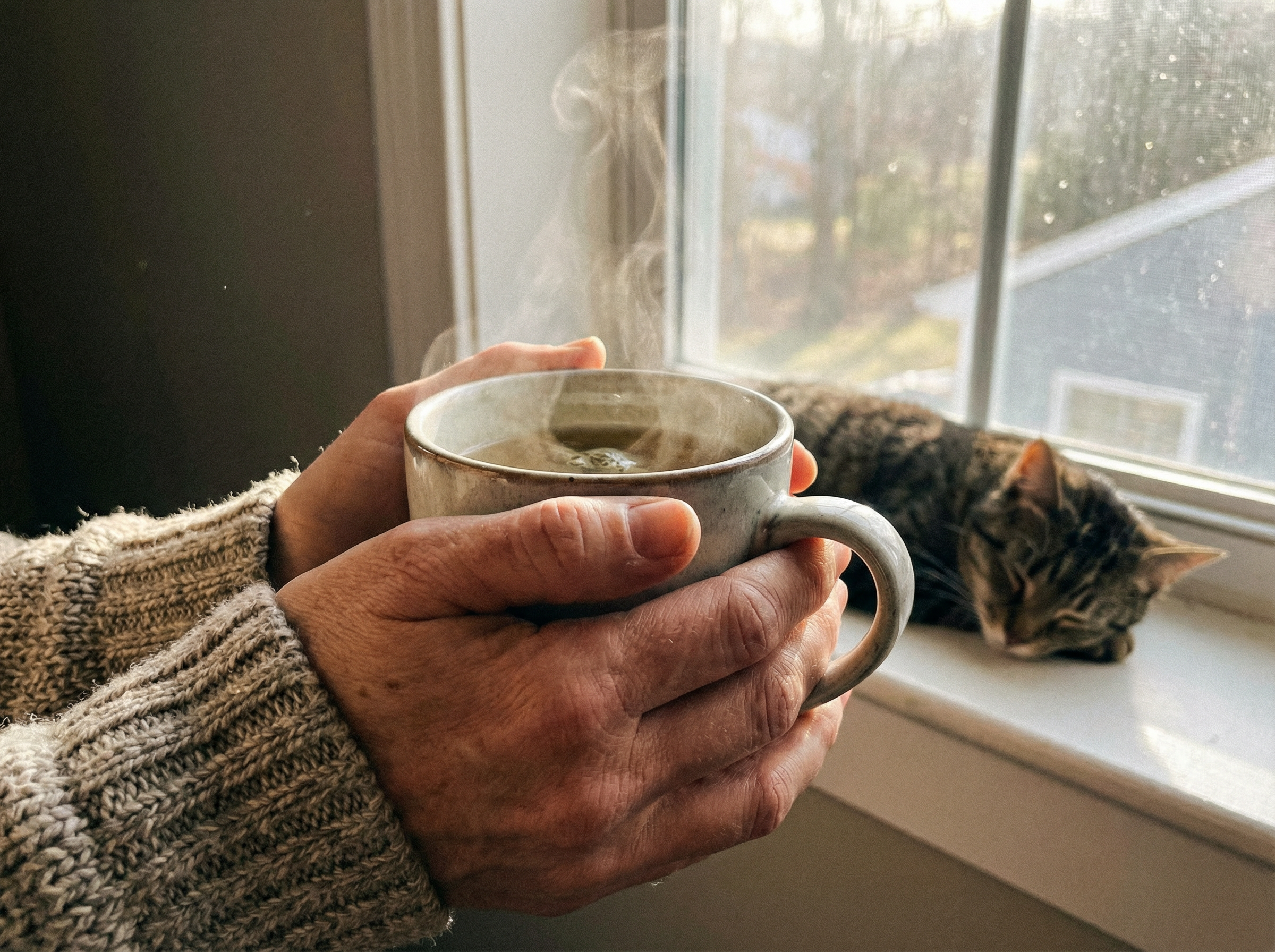 Hands holding a warm mug of herbal tea near a window, representing calm and restoration