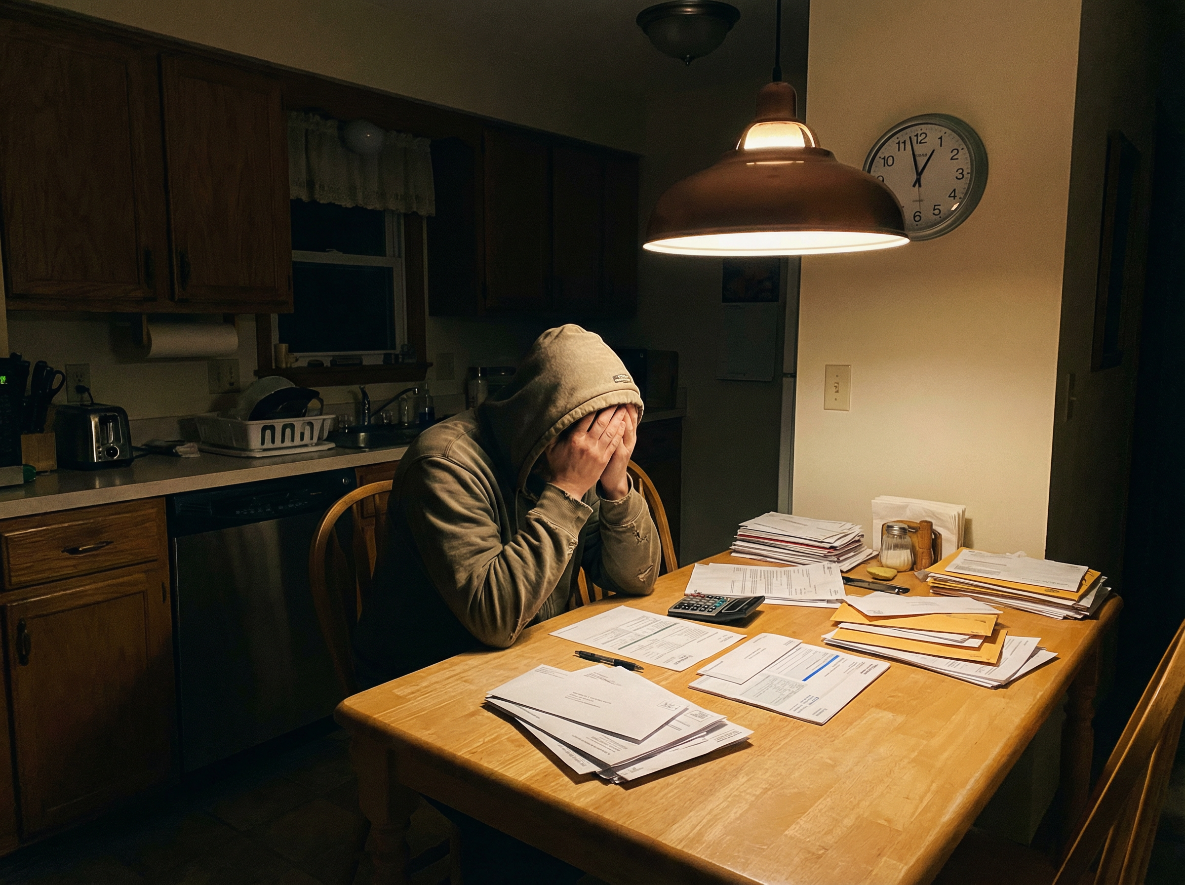 Person overwhelmed by financial stress at kitchen table late at night with bills spread out