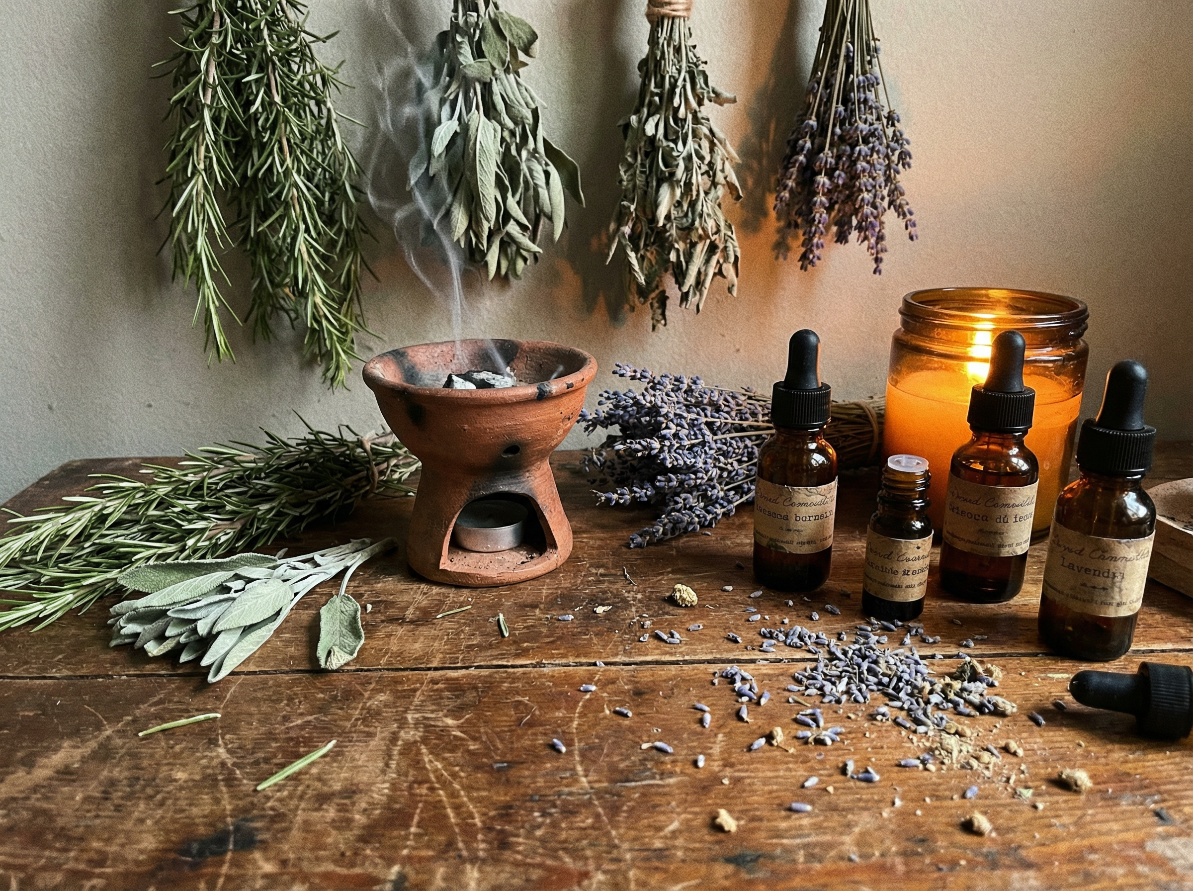Old wooden table with dried herbs, clay incense burner, and essential oil bottles