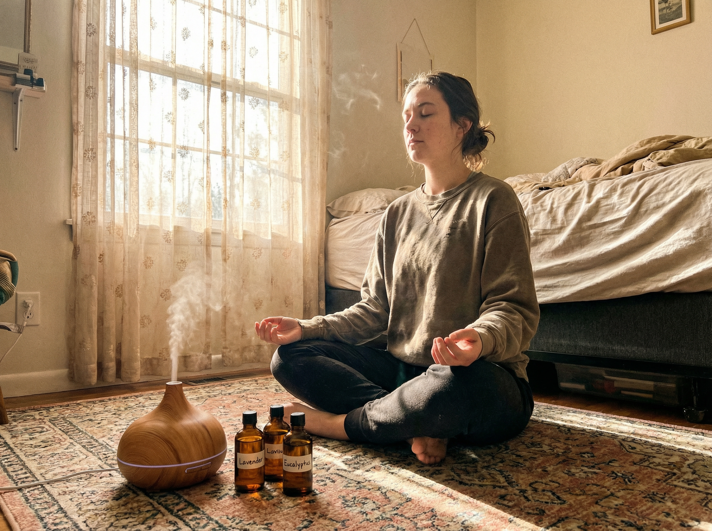 Person meditating peacefully on bedroom floor with essential oil diffuser in morning light