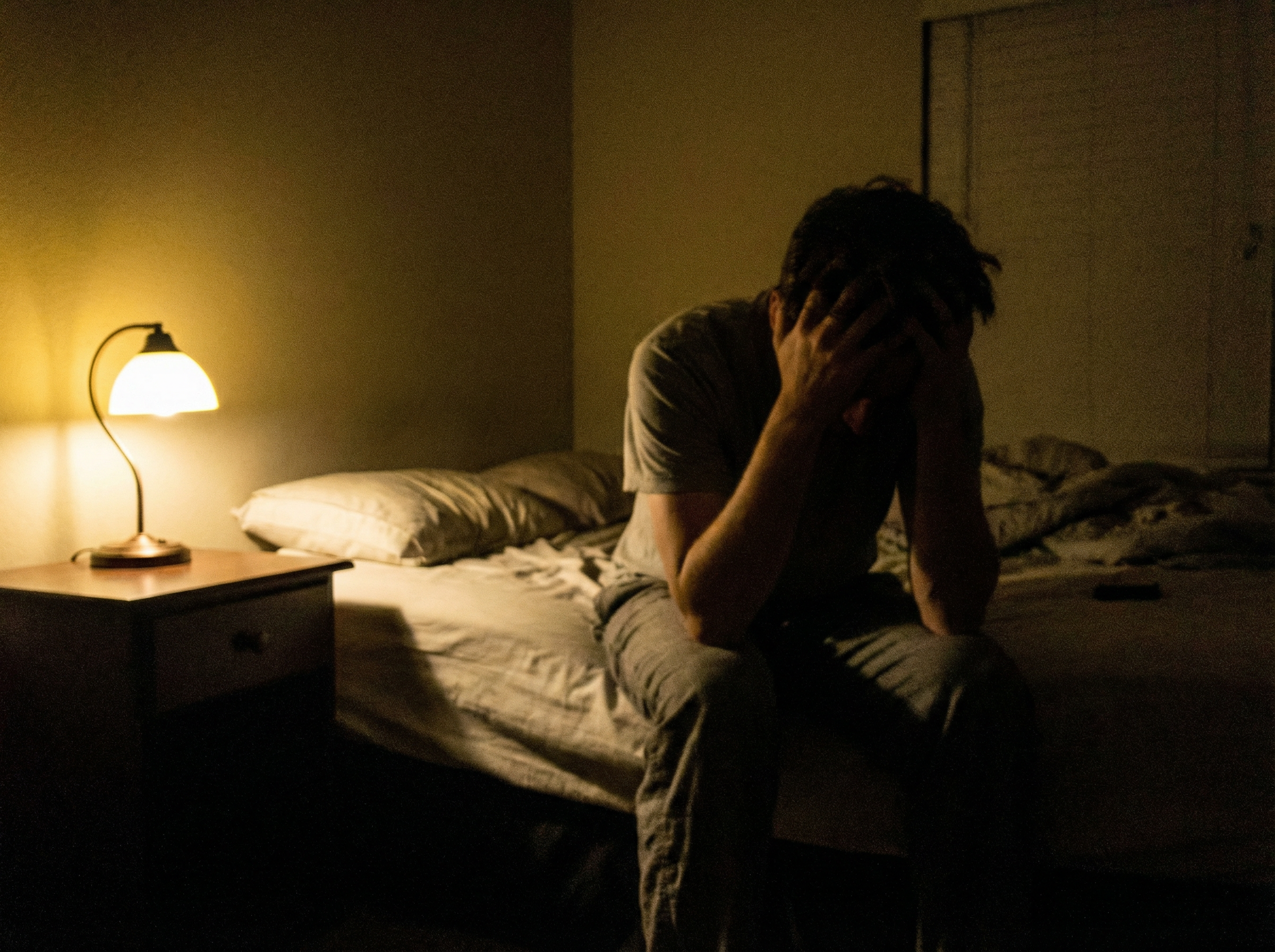 Person sitting on the edge of a bed at night, overwhelmed by financial stress, dim bedside lamp