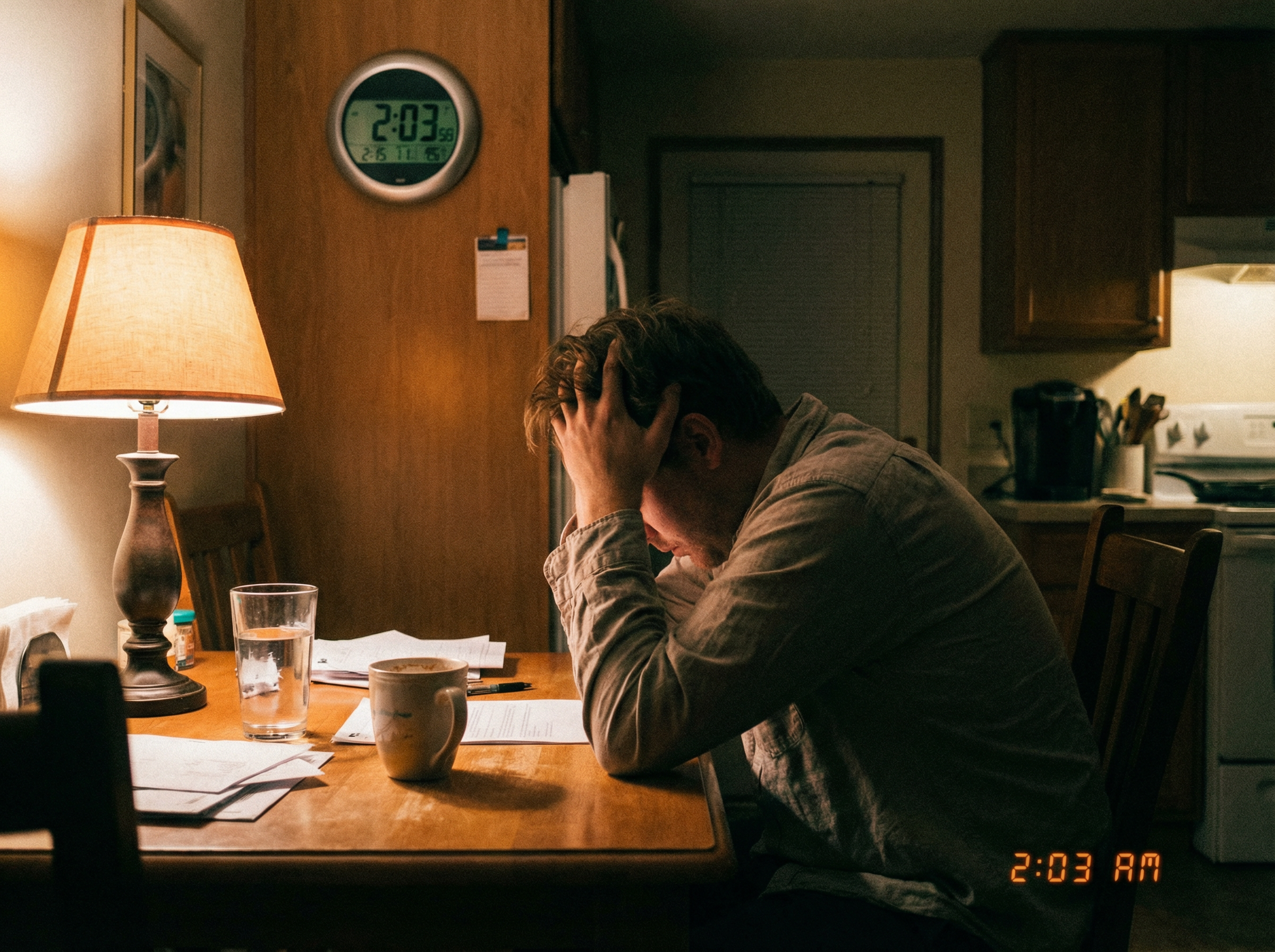 Person sitting at a kitchen table late at night, head in hands, clearly stressed