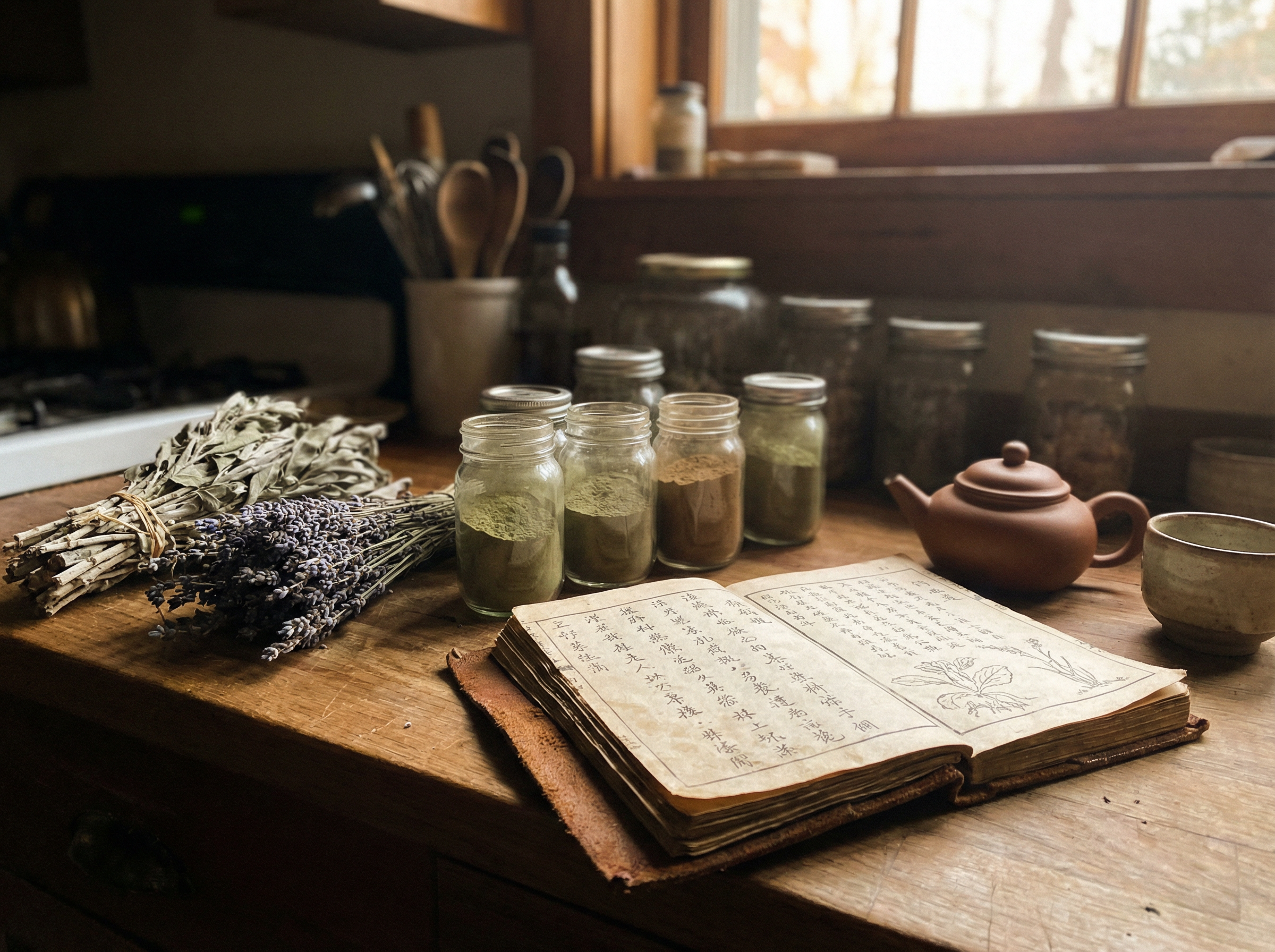 Wooden table with dried herbs, glass jars of herbal powders, ancient Chinese medicine book, clay teapot