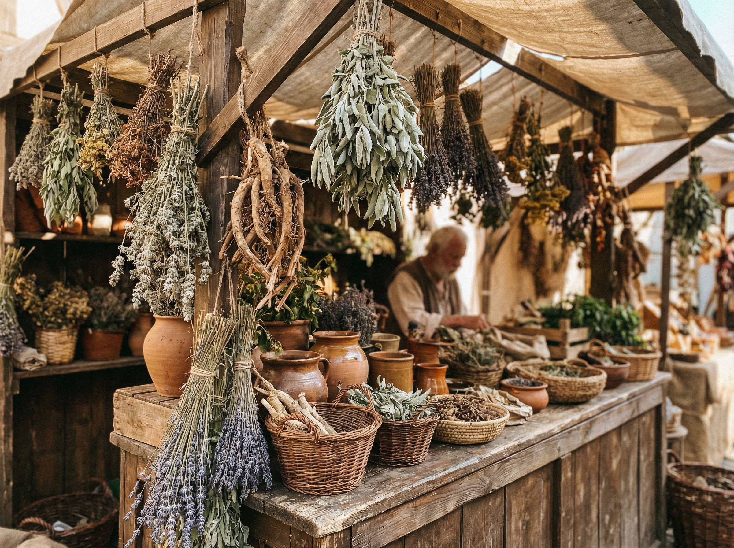 Ancient herbal market stall with dried herbs hanging from the ceiling and clay pots on the counter