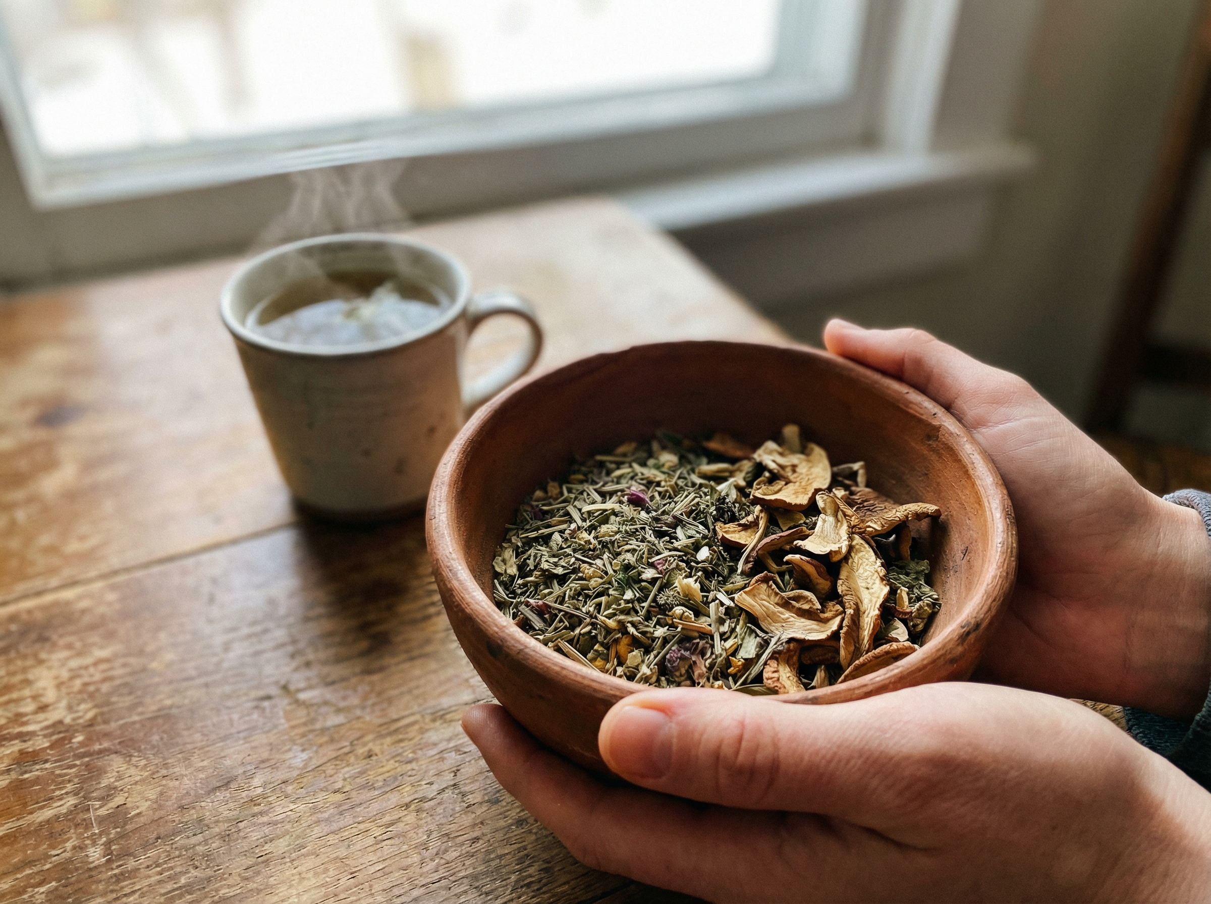 Hands holding a clay bowl of dried herbs and mushrooms with a steaming cup of herbal tea nearby