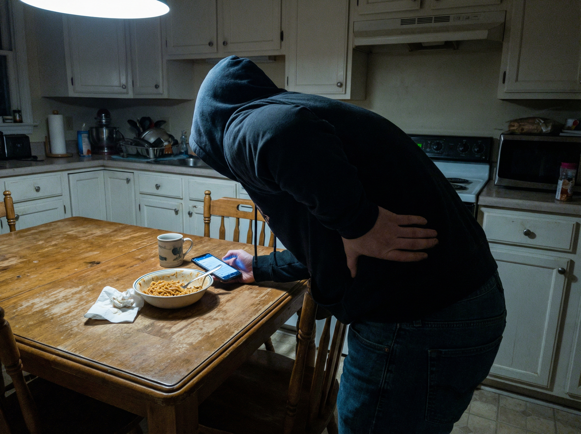Person hunched over phone late at night with hand on stomach, feeling the physical effects of news anxiety