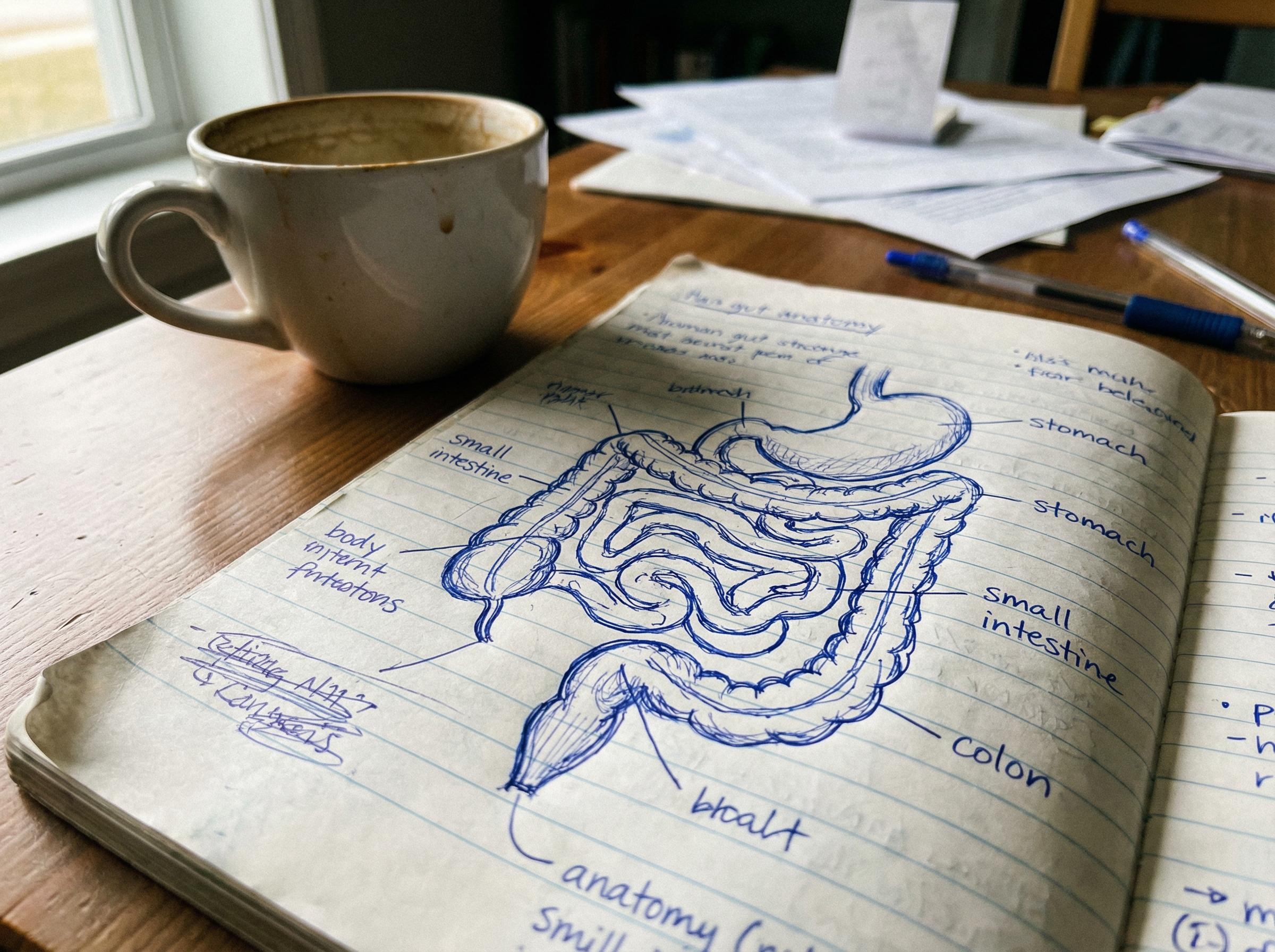 Hand-drawn gut anatomy diagram in a notebook next to a coffee mug, representing the gut-brain connection