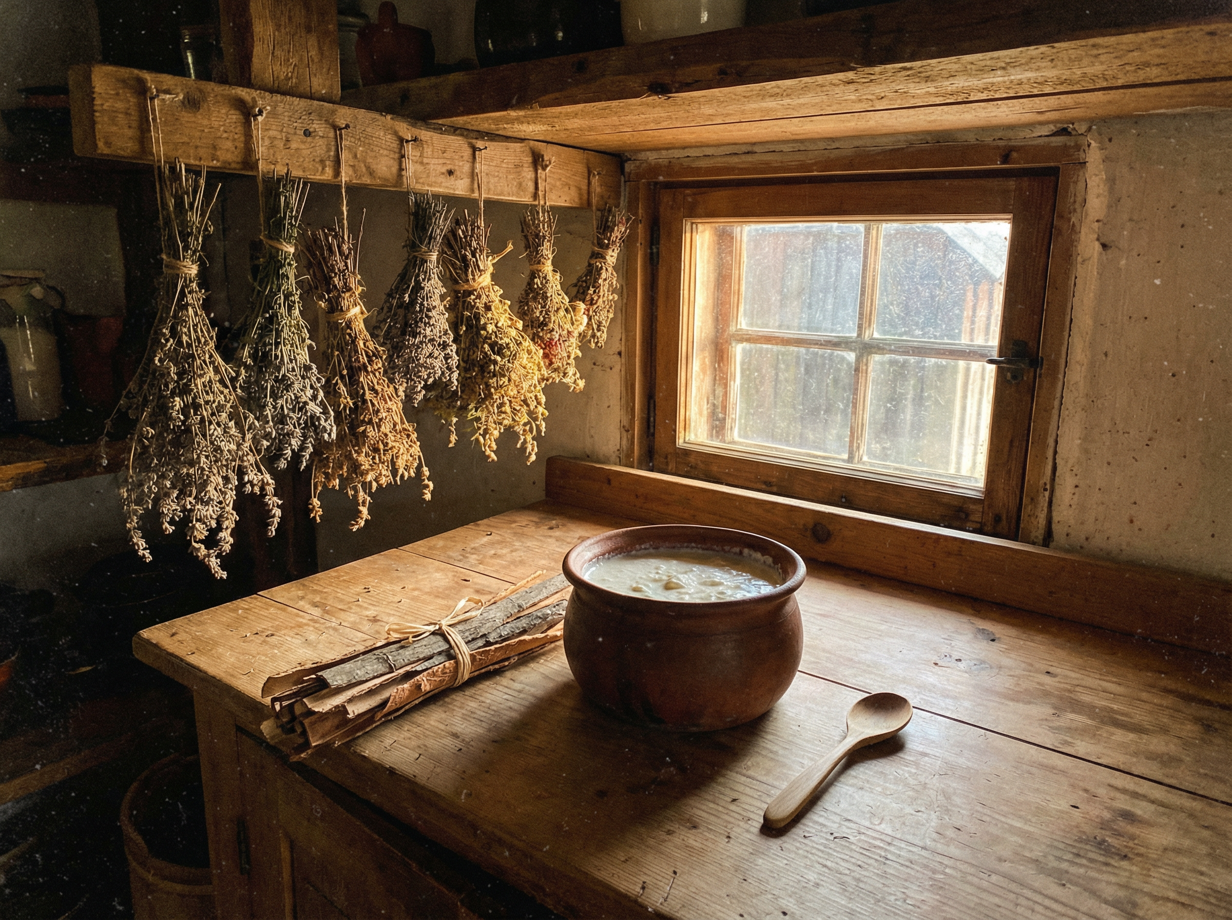 Rustic farmhouse kitchen with dried herbs hanging from beam and clay pot of fermented skyr on wooden counter