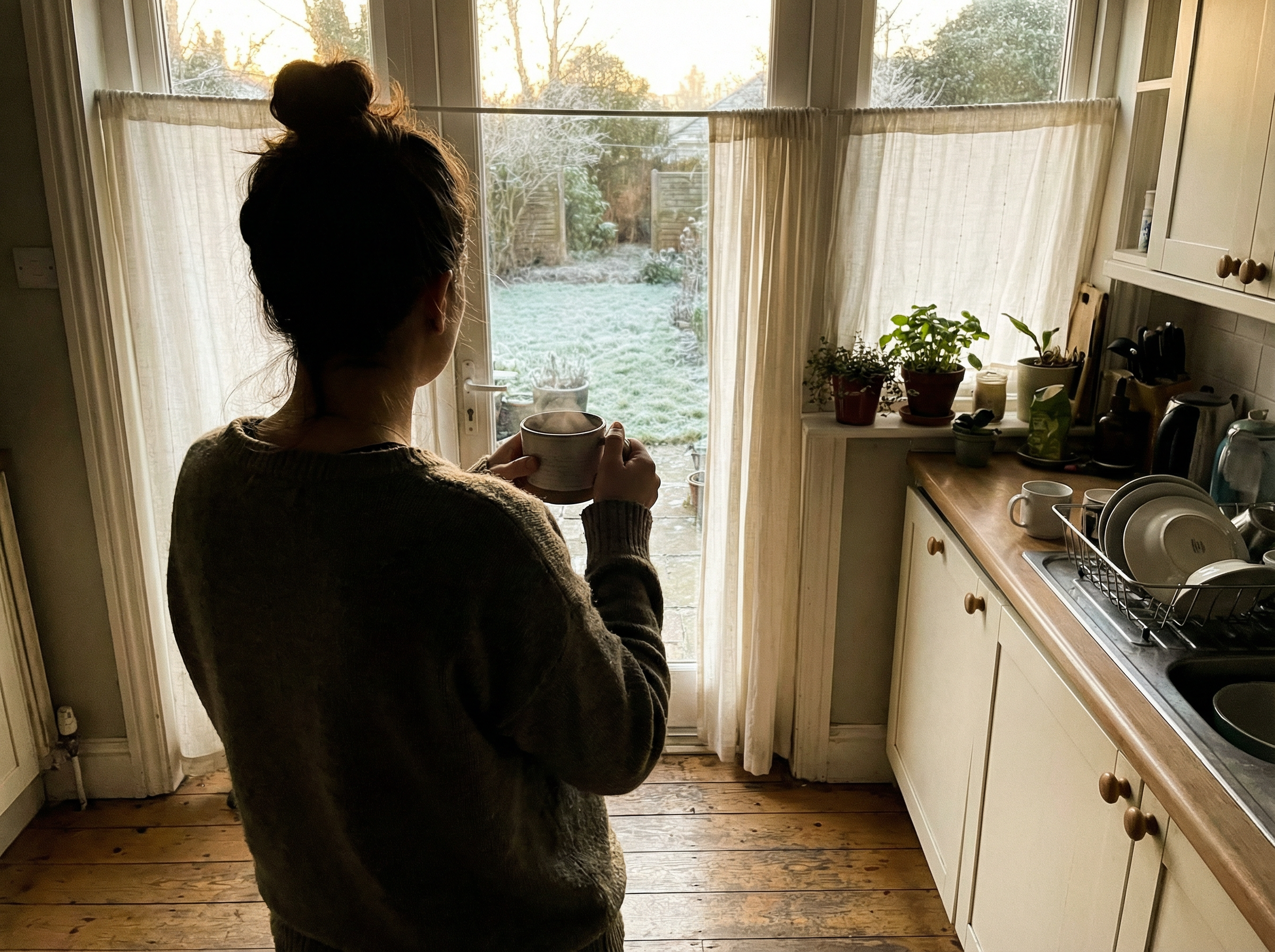 Person standing at kitchen window in morning light holding a warm mug of herbal tea, looking out at a frost-covered garden