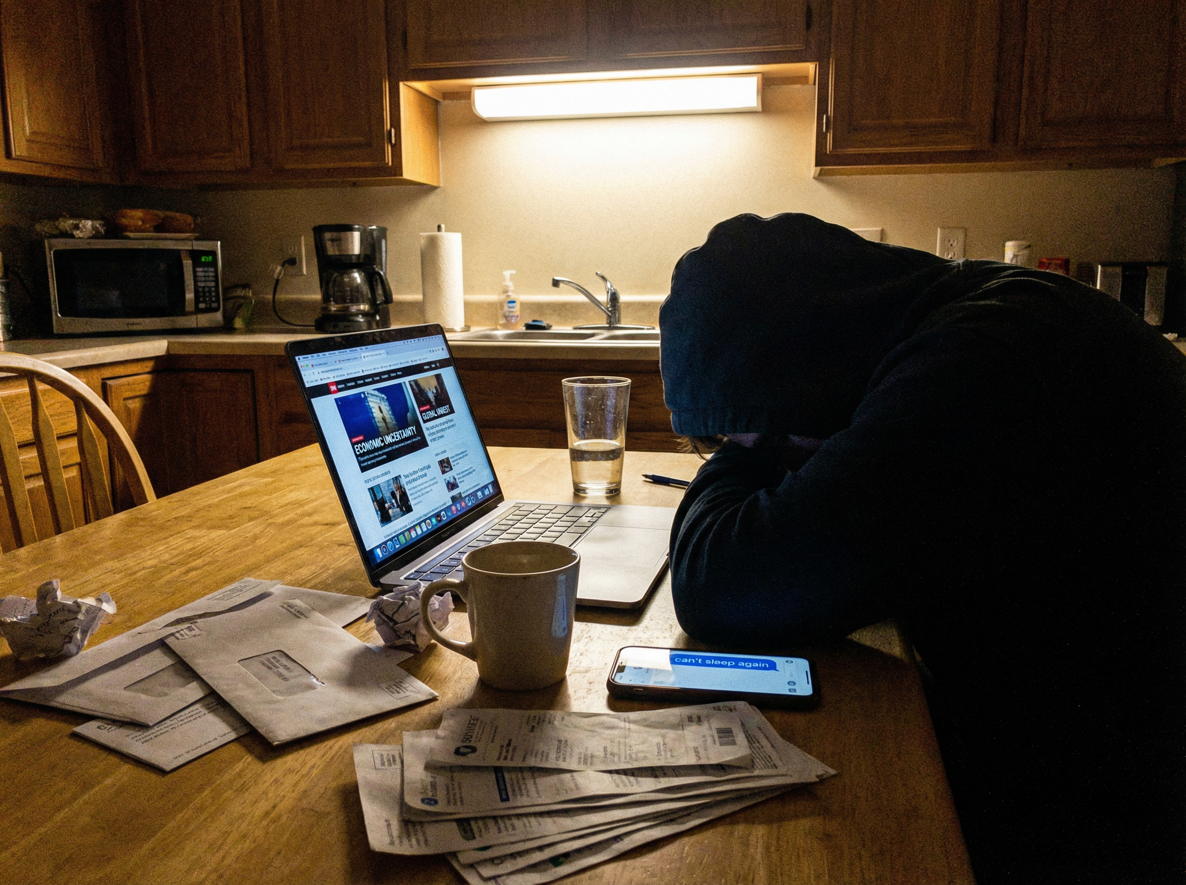 Person awake at 3am in a dimly lit bedroom, staring at the ceiling with economic anxiety
