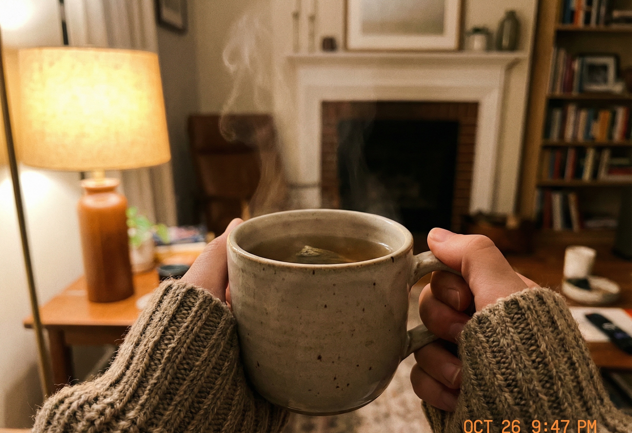 Hands holding a warm mug of herbal tea in the evening, steam rising, cozy living room in background