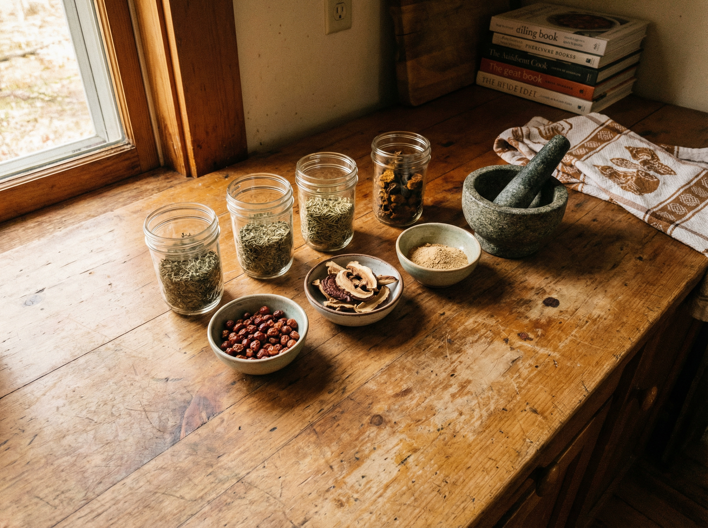 Wooden counter with glass jars of dried herbs, sour jujube seeds, reishi mushroom slices, and ashwagandha powder with mortar and pestle