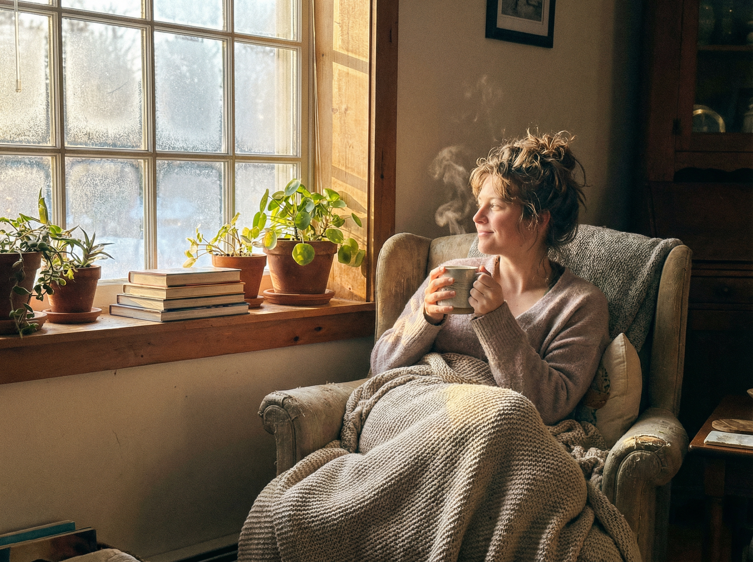 Person sitting peacefully by a window in early morning golden light, holding a warm mug, looking calm and rested