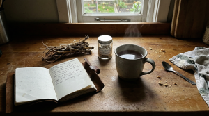 Rustic wooden kitchen counter with dandelion root, milk thistle capsules, and steaming herbal tea — liver sovereignty protocol