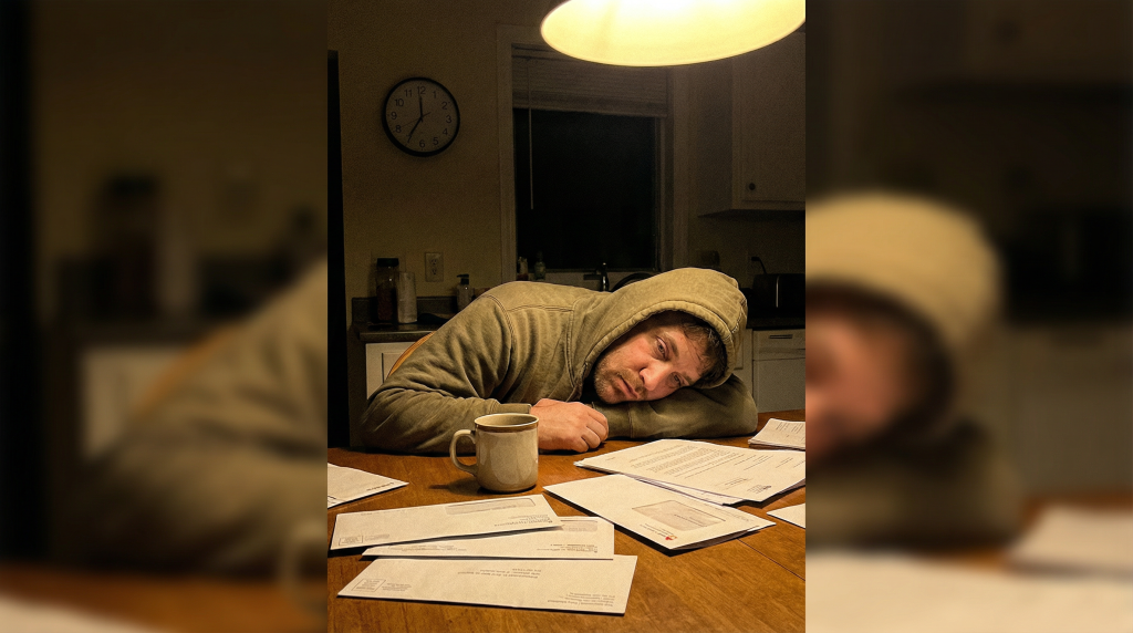 Exhausted person at kitchen table late at night surrounded by bills — economic stress health impact