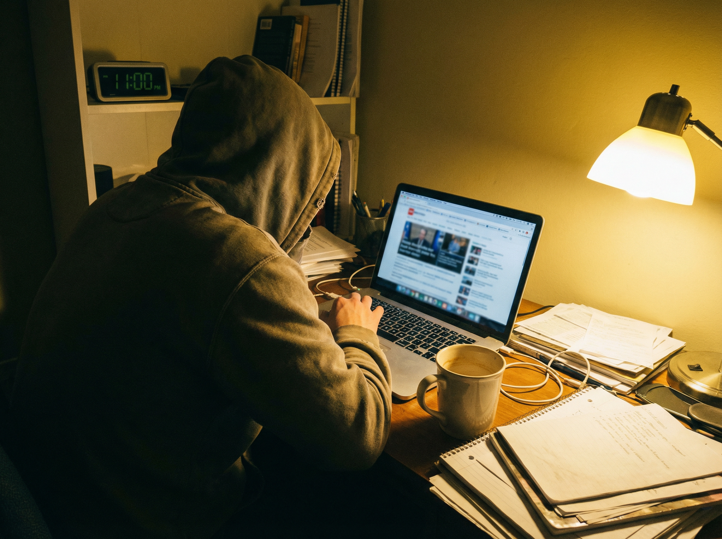A person hunched over a laptop late at night reading news headlines, stress and exhaustion visible
