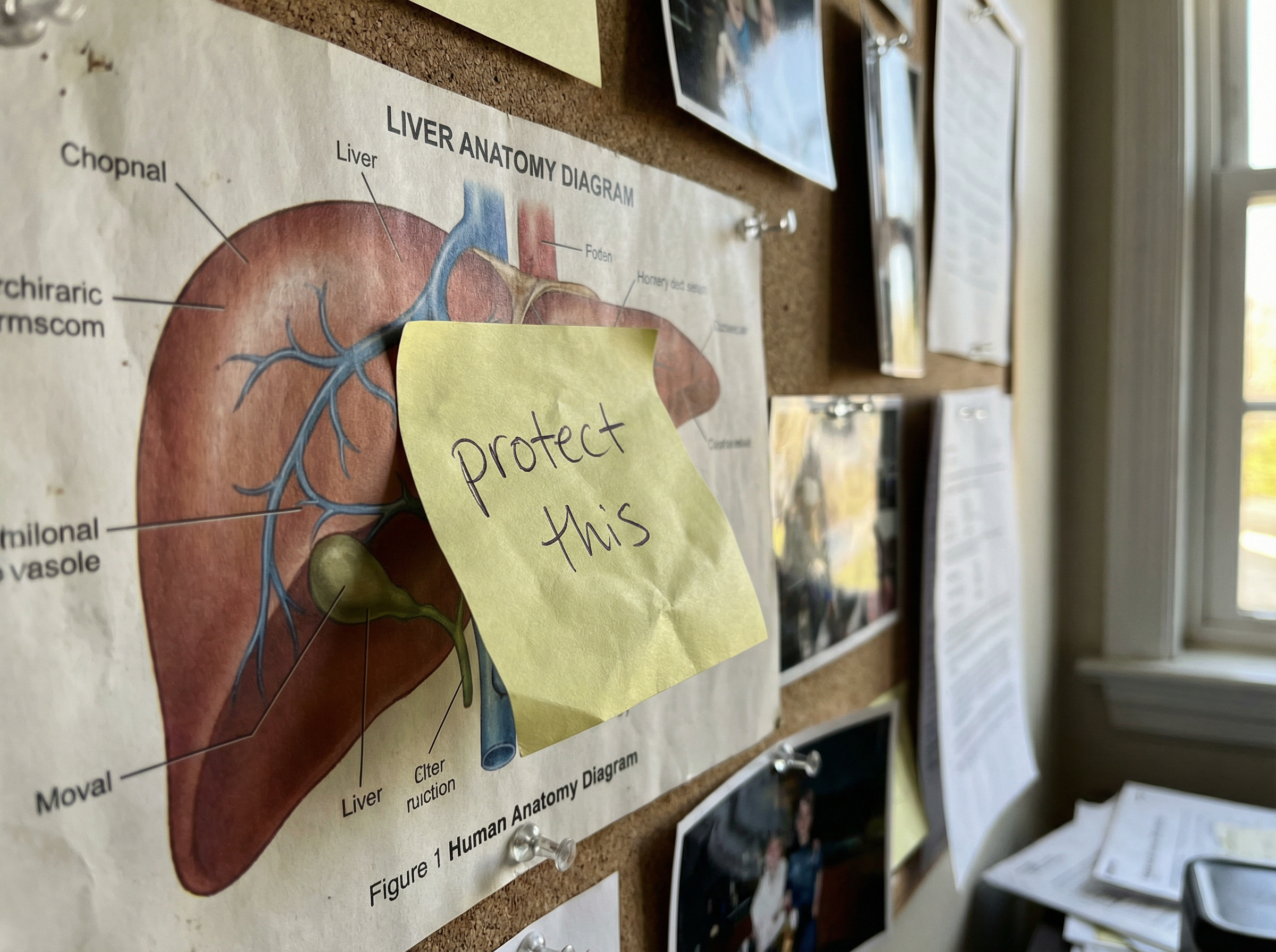 A liver anatomy diagram pinned to a cork board with a sticky note reading 'protect this'