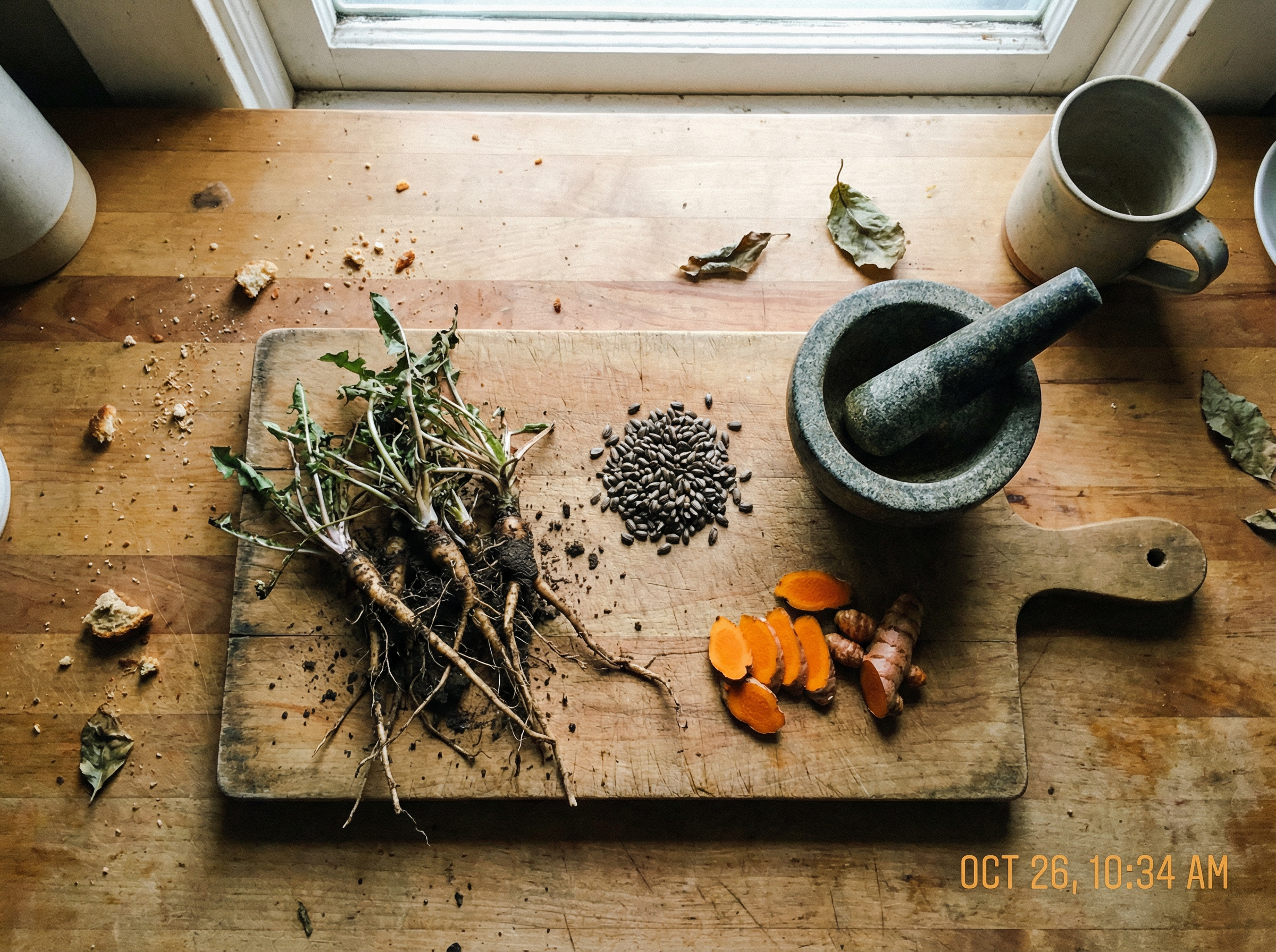 Fresh dandelion roots, milk thistle seeds, and sliced turmeric on a wooden cutting board with a mortar and pestle