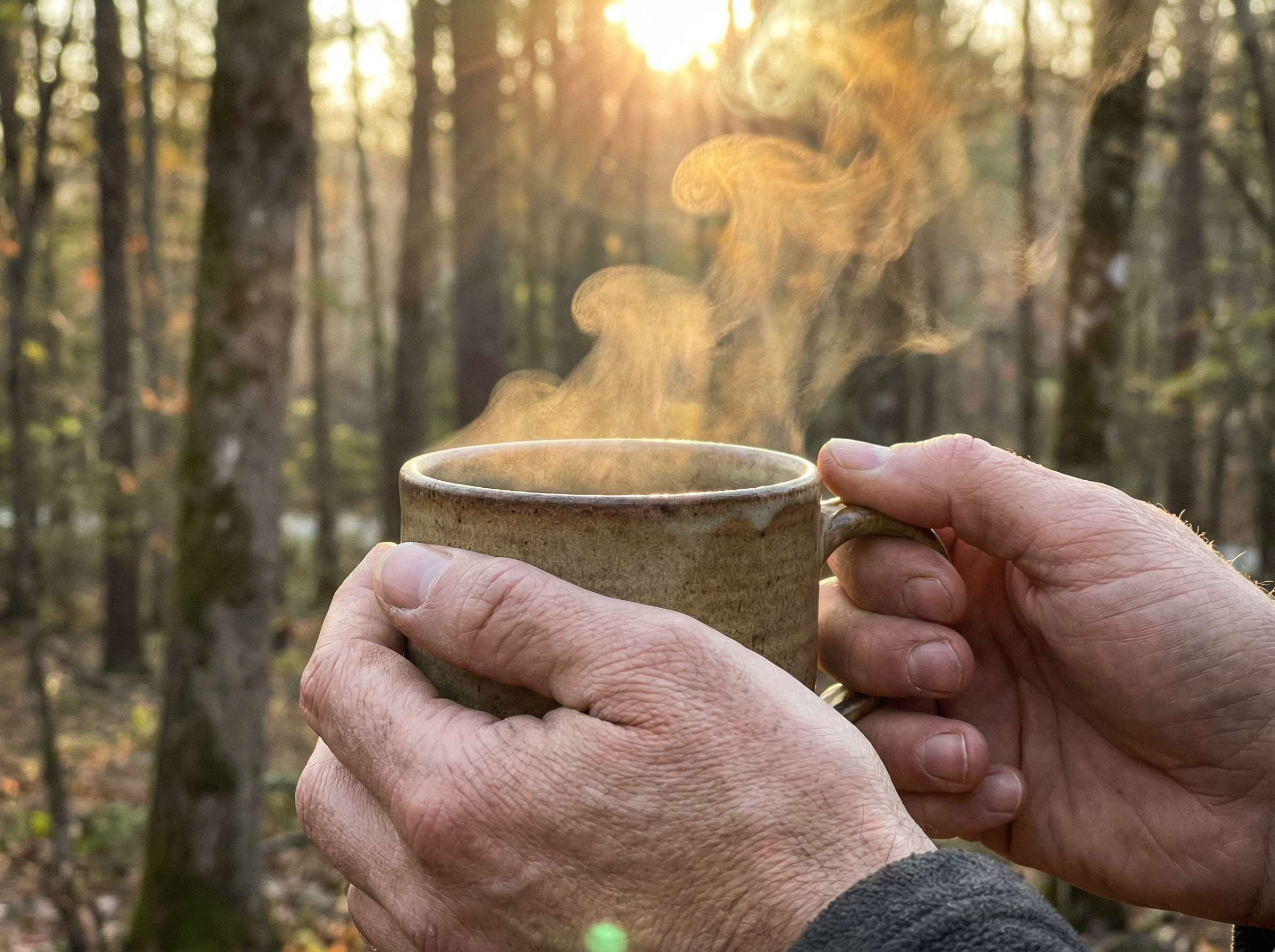 Hands holding a steaming ceramic mug of herbal tea at dawn in a forest, golden morning light