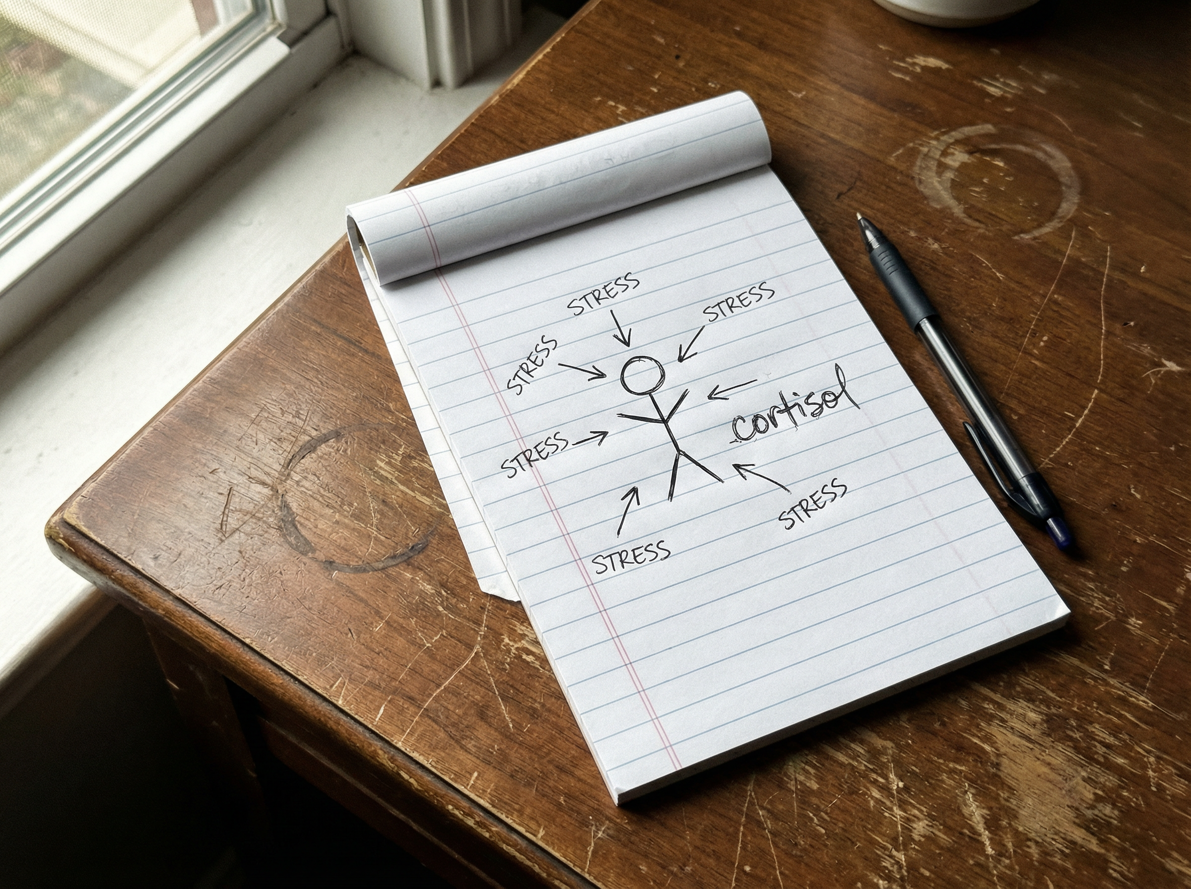 Hand-drawn diagram on notepad showing stress arrows pointing to a stick figure with cortisol written in messy handwriting