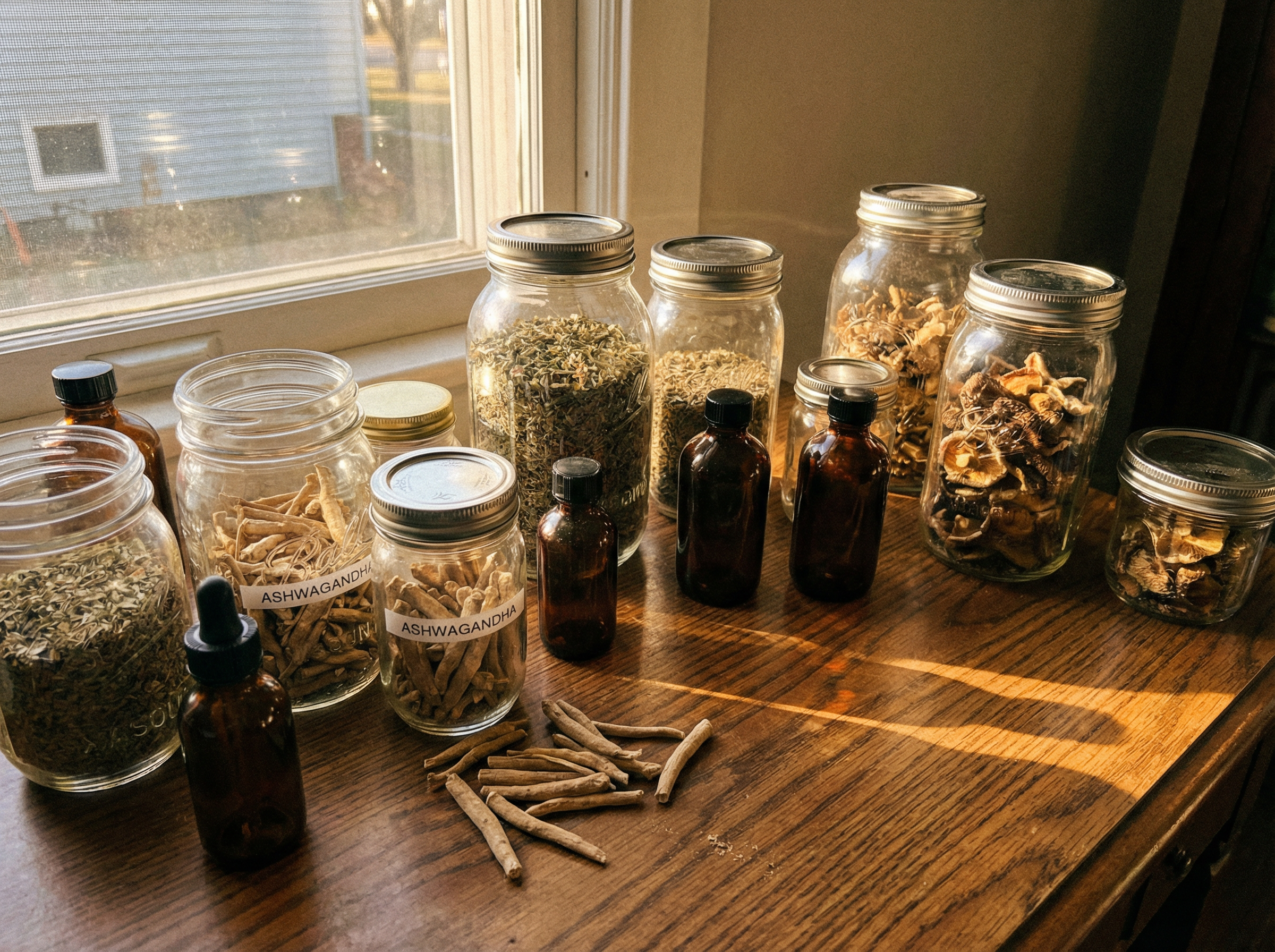 Glass jars of dried adaptogenic herbs including ashwagandha root, dried mushrooms, and tincture bottles on a wooden kitchen counter