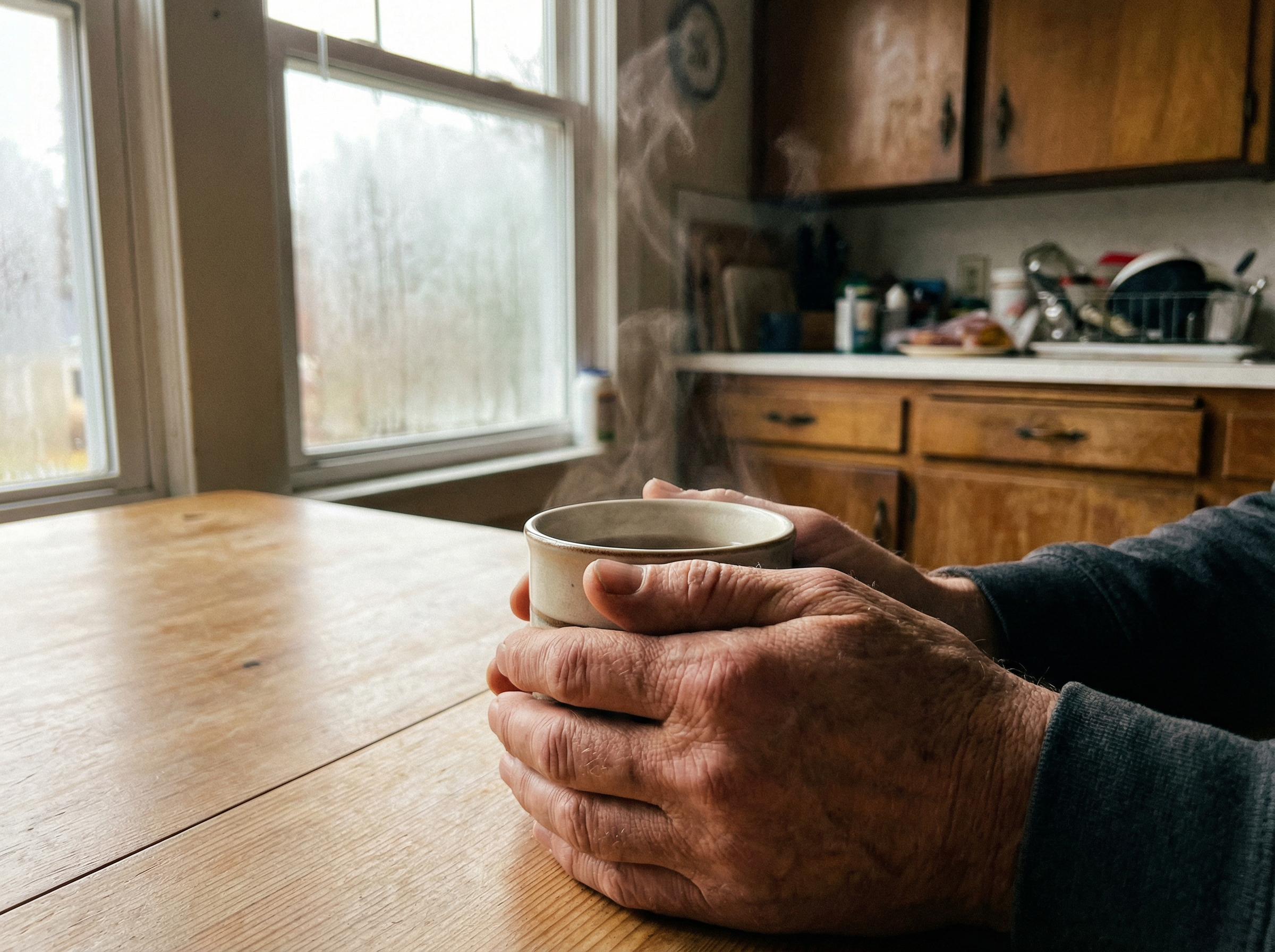 Weathered hands wrapped around a warm steaming mug of herbal tea in a simple kitchen, morning light through window
